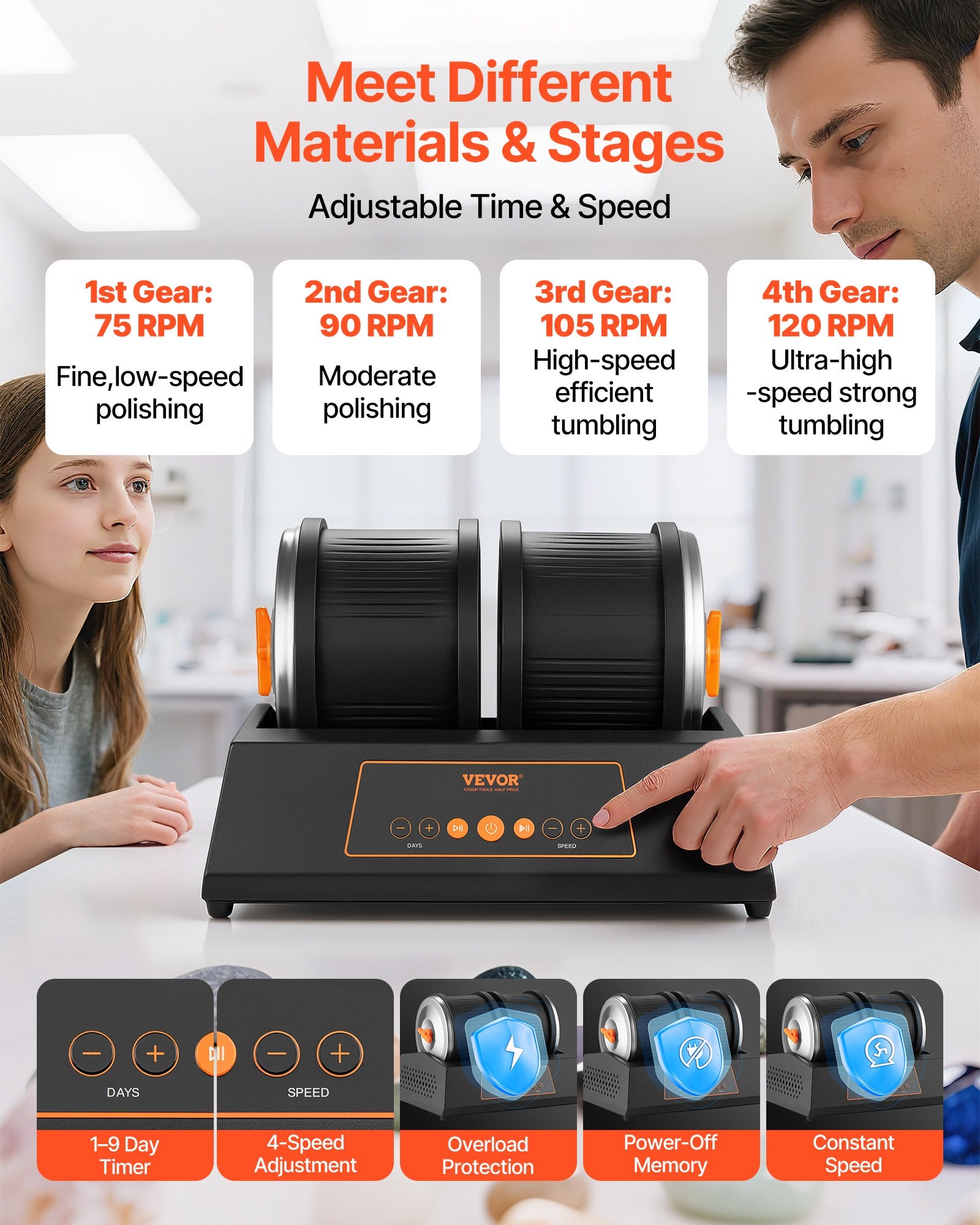 VEVOR Rock Tumbler Kit, 8 lbs Rock Polishing Kit, 4 Speed Settings 9-Day Polishing Timer Stone Polishing Kit, Double Barrel Rock Polisher with Adapter, Rock Polisher for Adults and Kids