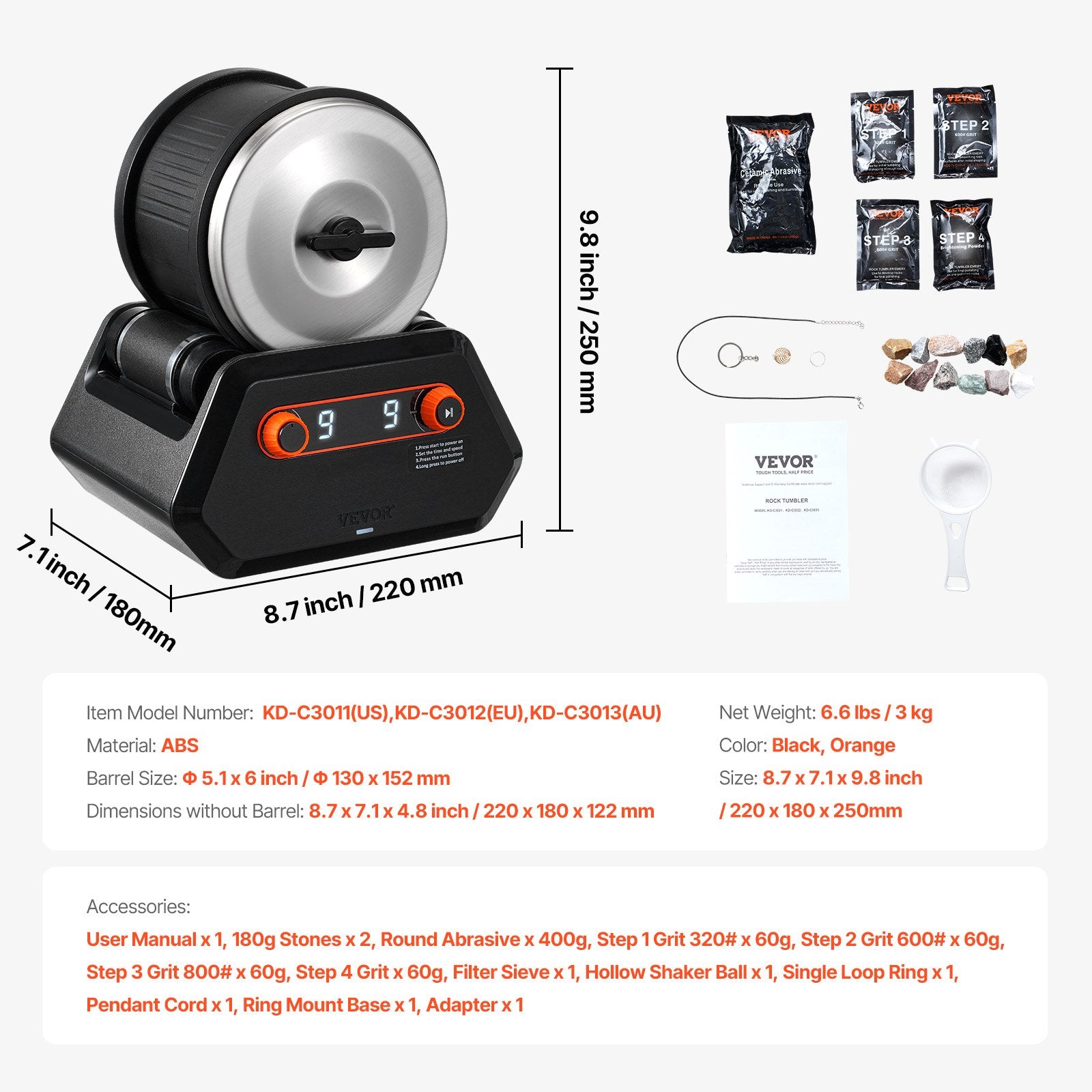 VEVOR Rock Tumbler Kit, 4 lbs Rock Polishing Kit, 9 Speed Settings 9-Day Polishing Timer Stone Polishing Kit, Rock Polisher with Rough Gemstones and Polishing Grits, Rock Polisher for Kids Adults