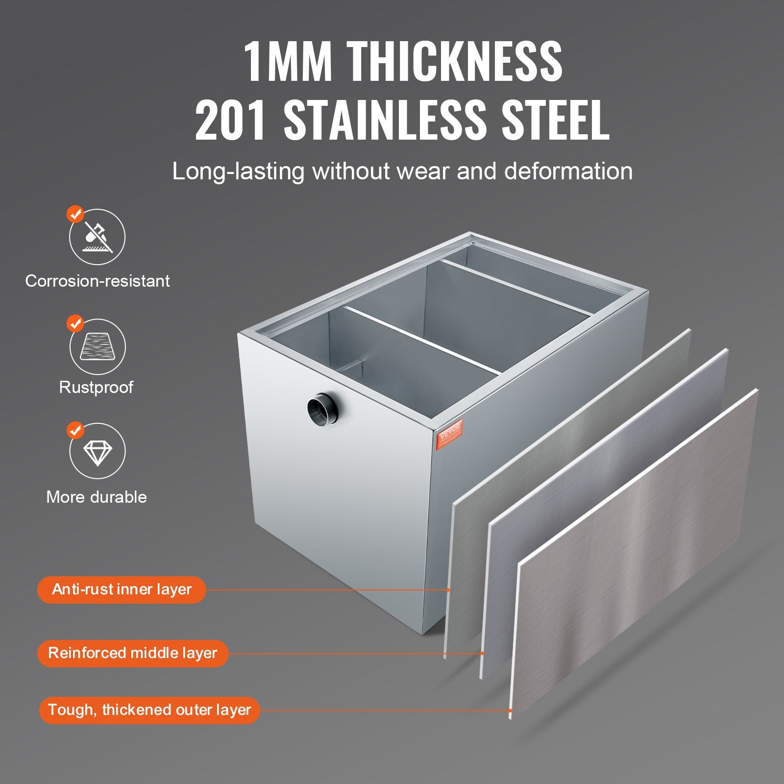 VEVOR Commercial Grease Trap, 40 LBS Grease Interceptor, Side Inlet Interceptor, Under Sink Stainless Steel Grease Trap, 10 GPM Waste Water Oil-water Separator, for Restaurant Canteen Home Kitchen
