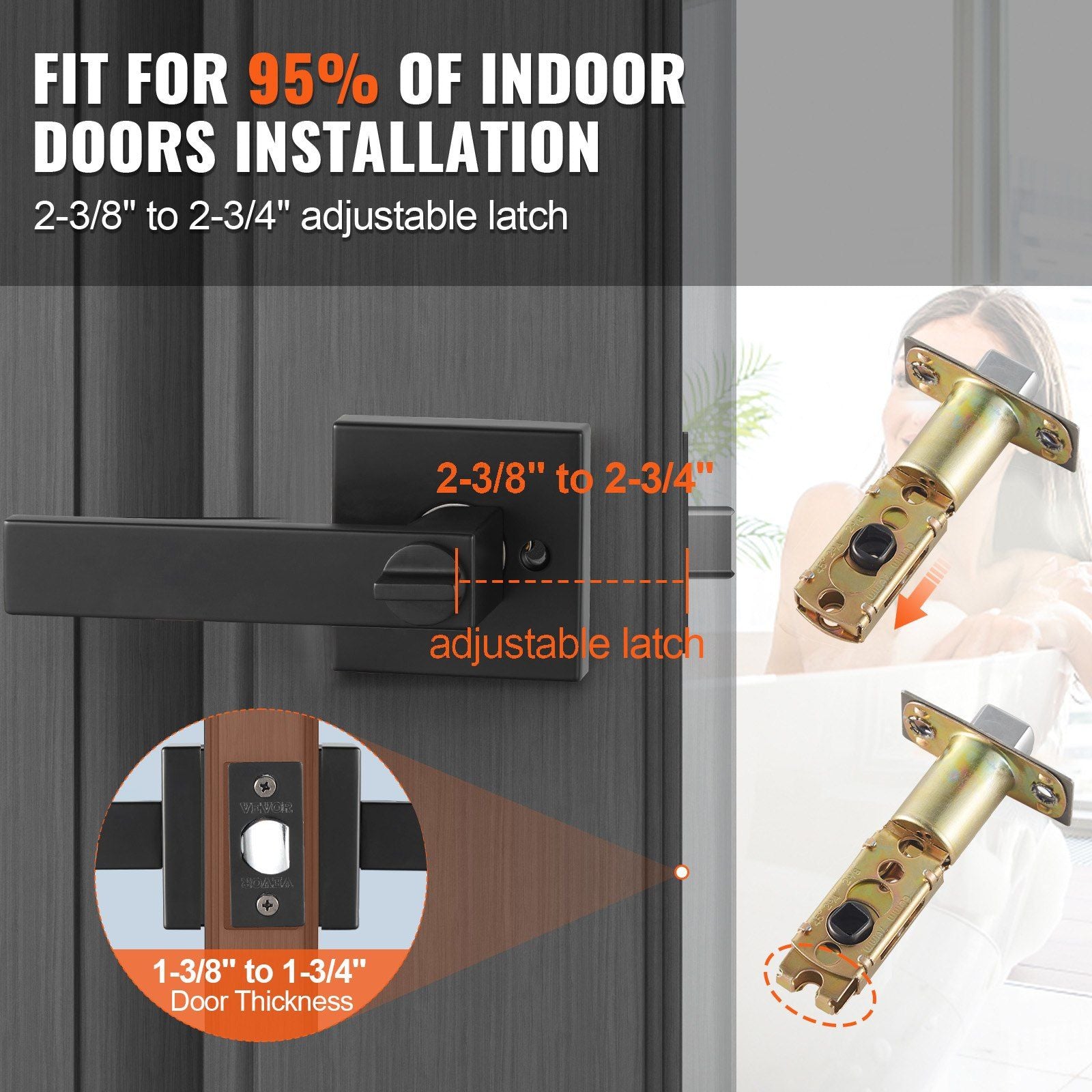 Privacy Door Handle, 1 Pack Matte Black Door Lever, Left or Right Handing Reversible Lever with Keyless Lock, 45° Rotation to Open, Universal Square Interior for Bedroom and Bathroom Doors