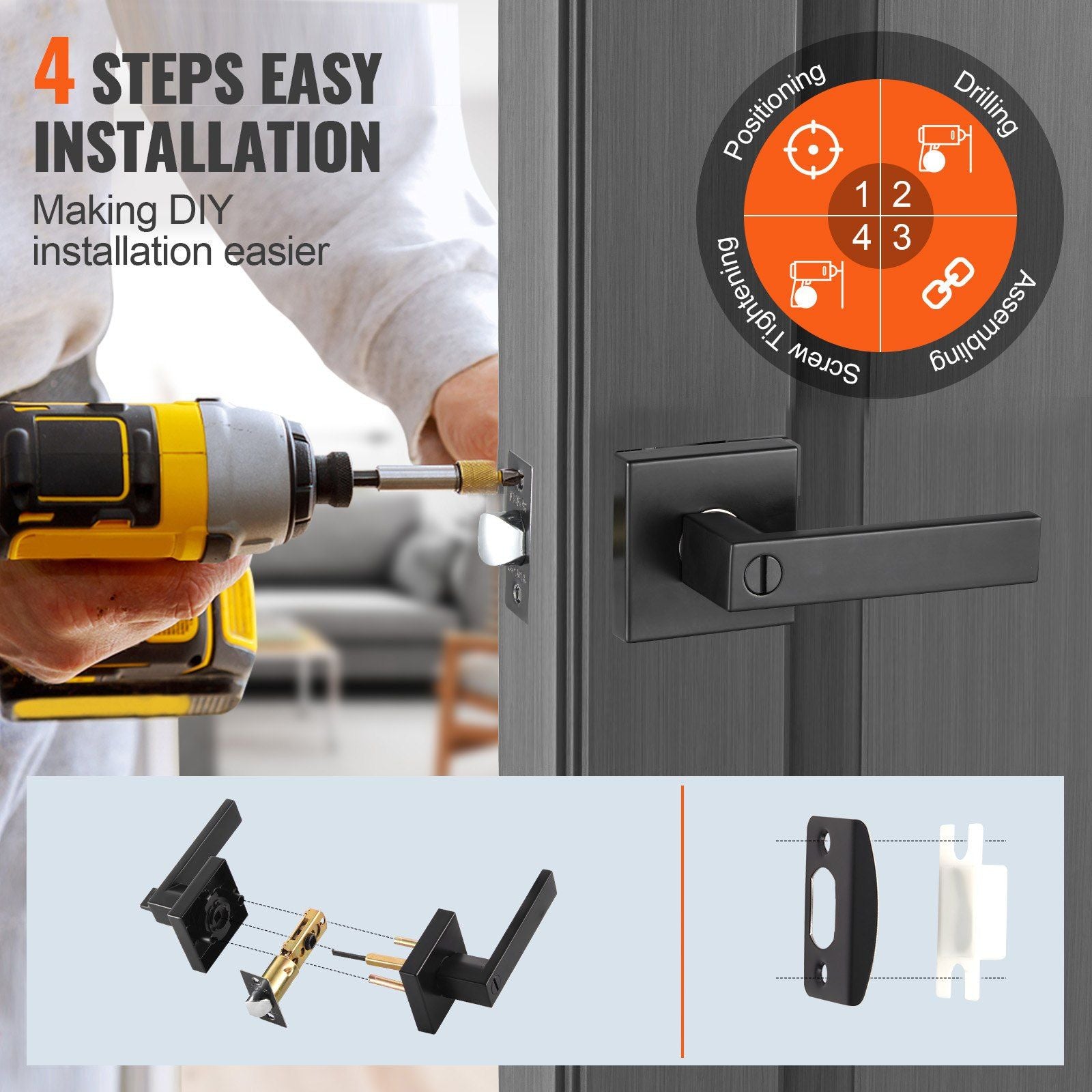 Privacy Door Handle, 1 Pack Matte Black Door Lever, Left or Right Handing Reversible Lever with Keyless Lock, 45° Rotation to Open, Universal Square Interior for Bedroom and Bathroom Doors