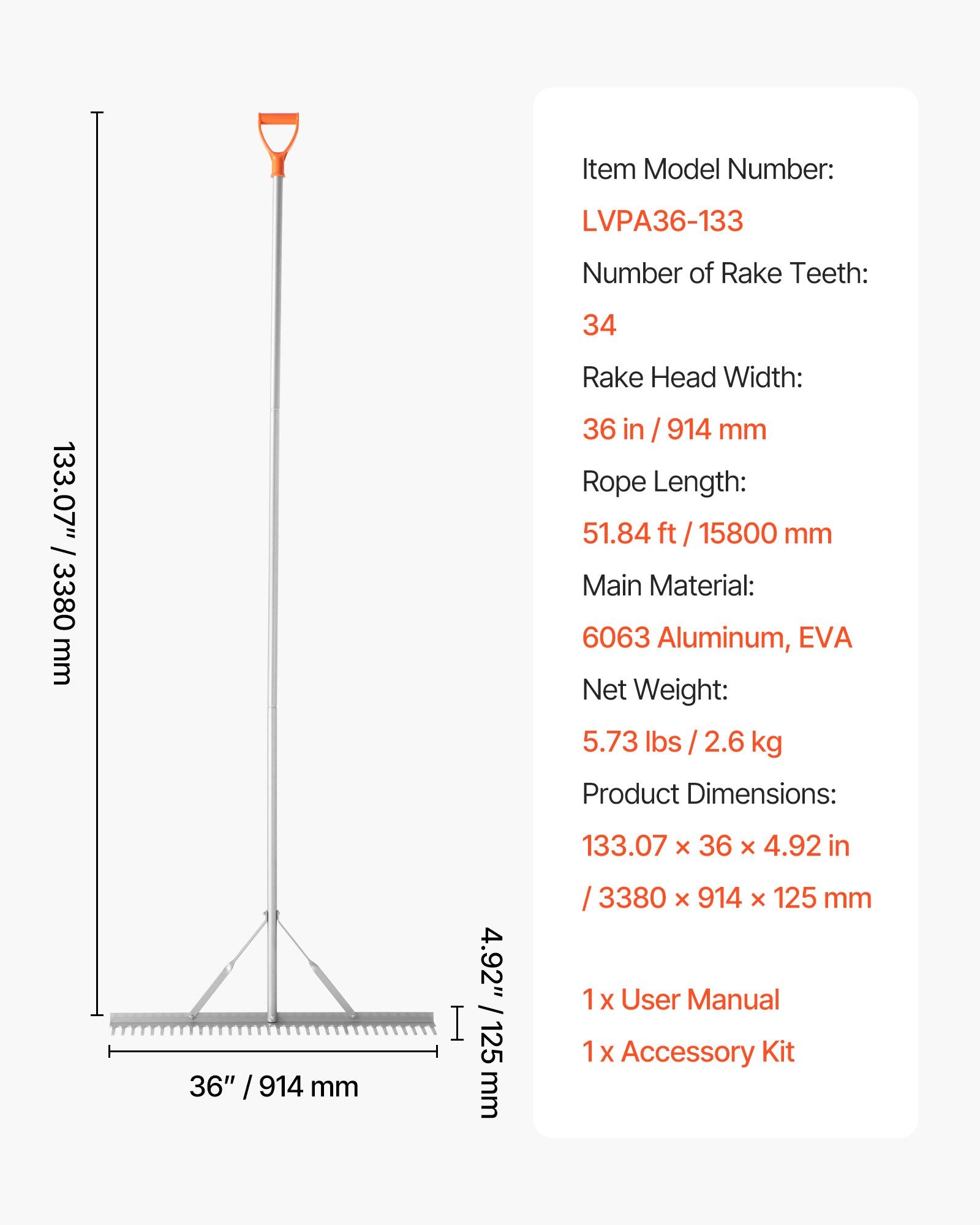 VEVOR Landscape Rake, 914 mm Wide Head 2590 mm Handle, Large Heavy Duty Aluminum Landscaping Leaf Rake Tool, Asphalt Level for Loosening Soil, Garden & Yard, Pond Gravel & Beach Lawn Care, 15.8m Rope