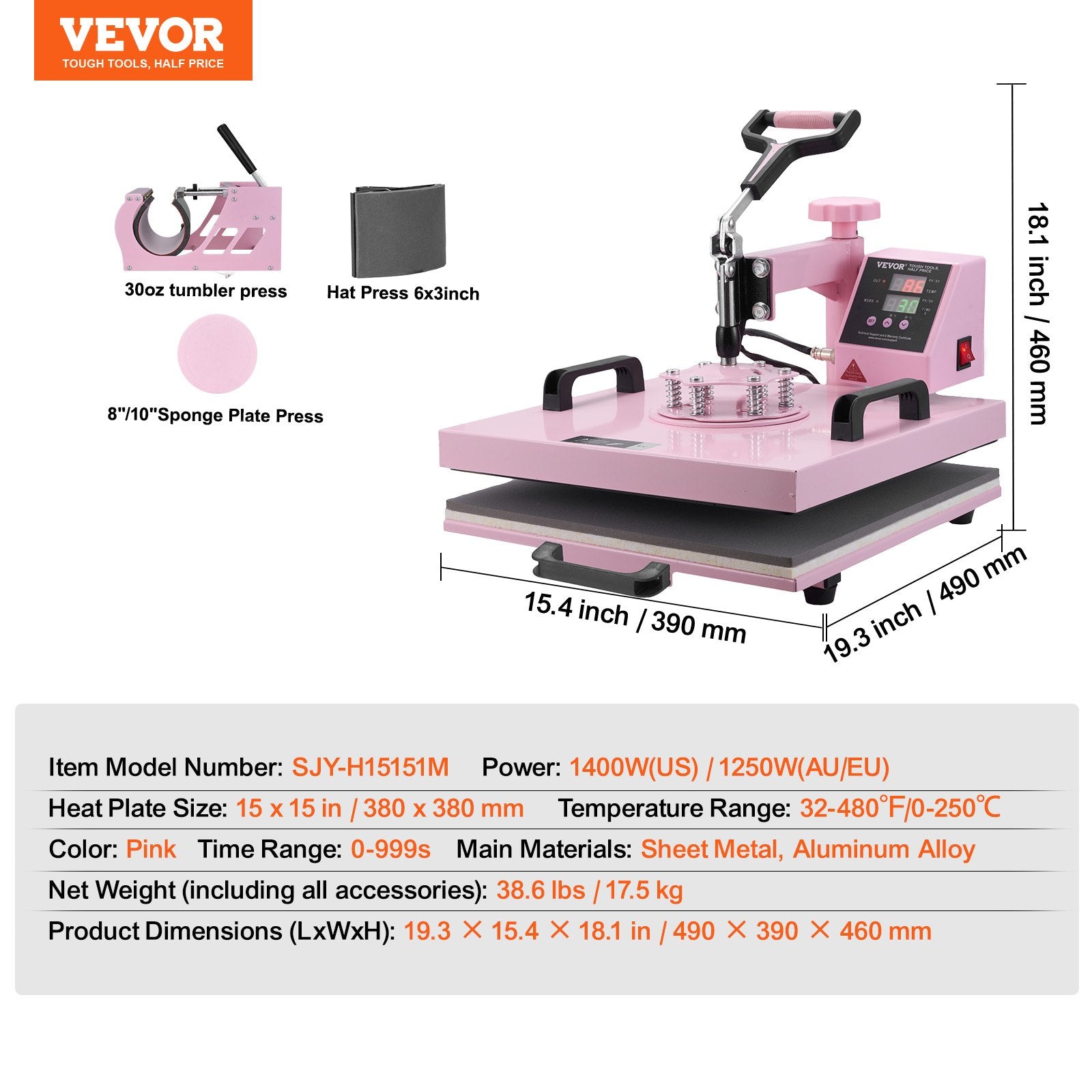 VEVOR Heat Press Machine, 15 x 15 inch, 5 in 1 Heat Transfer Machine with 30 oz Tumbler Press, 360° Swing Away T-Shirt Pressing, Digital Precise Control, for T-Shirts/Mugs/Hats/Plates, Pink