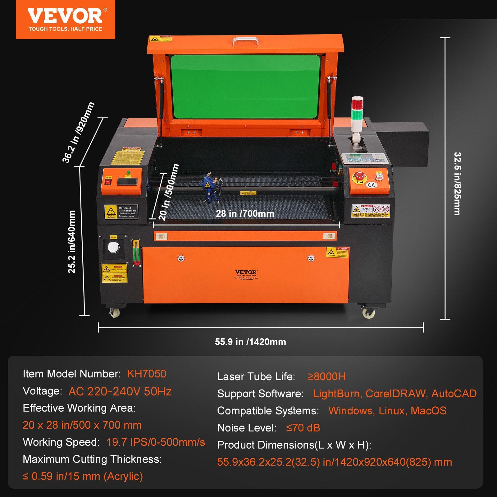 VEVOR 80W CO2 Laser Engraver, 500 x 700 mm, 19.7 IPS Laser Cutter Machine with 2-Way Pass Air Assist, Compatible with LightBurn, CorelDRAW, AutoCAD, Windows, Mac OS, Linux, for Wood Acrylic Fabric