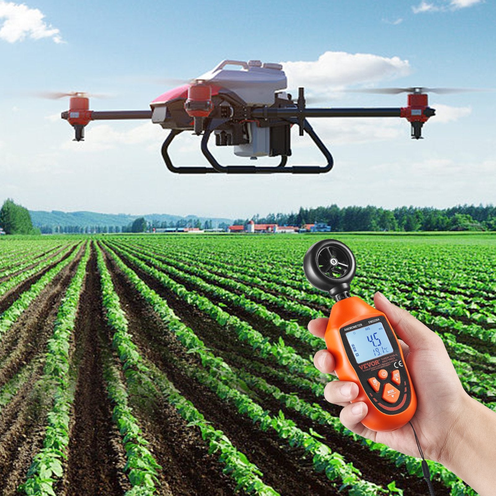 VEVOR Handheld Anemometer, -10℃ to 45℃, Digital Wind Speed Meter Gauge with LED Backlight Screen, Measures Wind Velocity Wind Temperature Air Flow Wind Chill, for Sailing Surfing Drone Flying HVAC