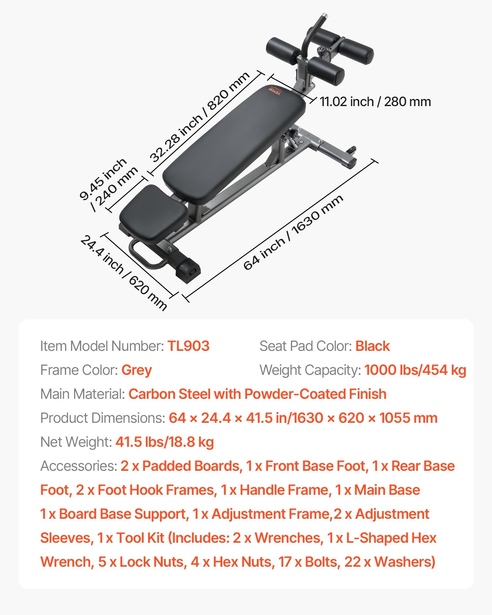 VEVOR Sit Up Bench, Decline Ab Bench with Reverse Crunch Handle, with 4 Adjustable Height Settings, Heavy Duty Steel, 454 kg Capacity, for Home Gym Workouts, Strength Training, Full Body Muscles