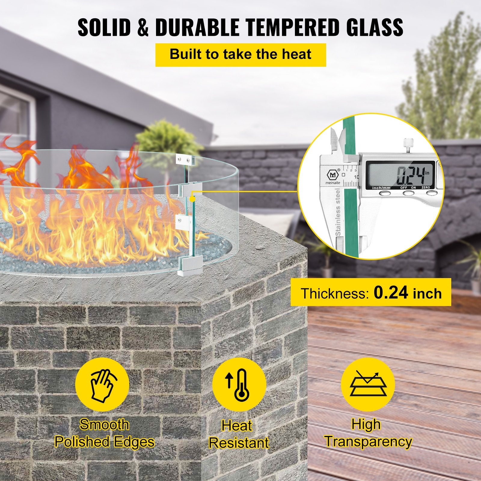 VEVOR Fire Pit Wind Guard, Glass Flame Guard, Round Glass Shield, 1/4-Inch Thick Fire Table, Clear Tempered Glass Flame Guard, Aluminum Alloy Feet for Propane, Gas, Outdoor (23 x 23 x 6 Inch)