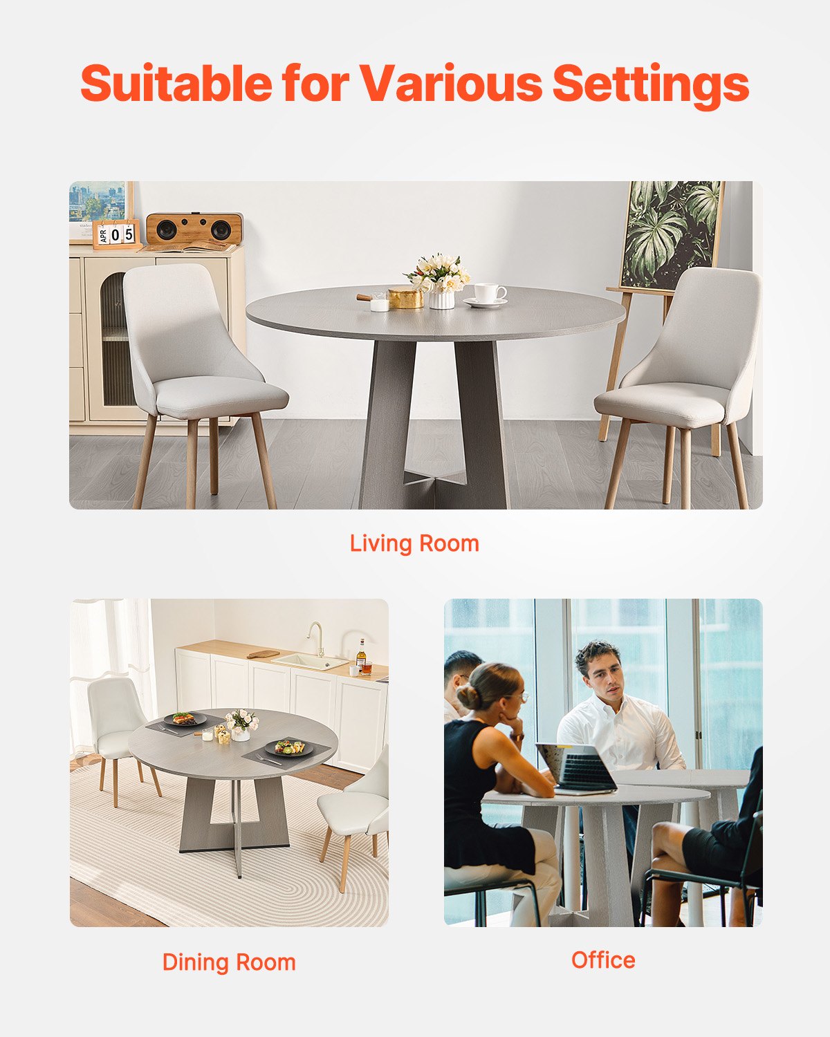 VEVOR Round Dining Table, 47 inch Wood Table for 4-6 Person, Farmhouse Circle Dinner Furniture, Rustic Leisure Tables with Thick Wooden Legs, for Home Kitchen Living Room, Grey (Only Table)