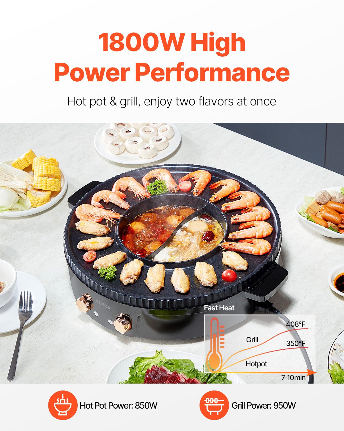 VEVOR Hot Pot with Grill 1800W 2-in-1 Electric Smokeless Grill and Hot Pot