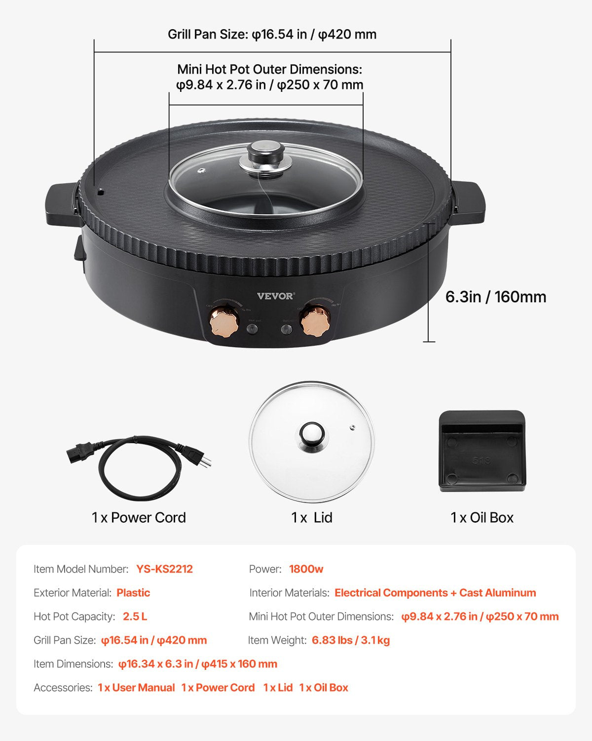 VEVOR Hot Pot with Grill 1800W 2-in-1 Electric Smokeless Grill and Hot Pot