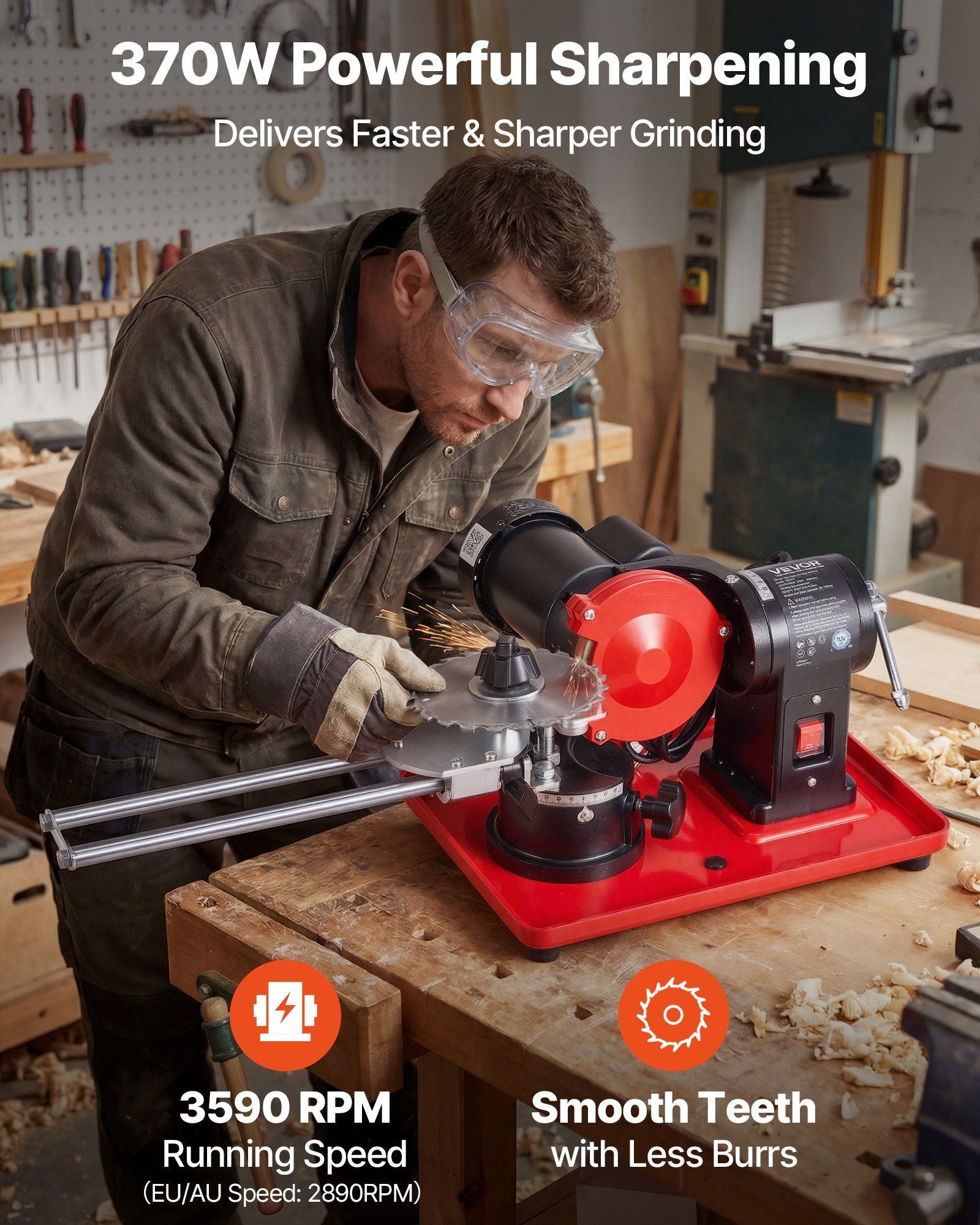 Circular Saw Blade Sharpener, 370W 2890RPM Rotary Angle Mill Grinder Sharpening Machine with 125mm Grinding Wheel & 6 Saw Centerings - Fits Φ80mm to Φ700mm Circular Saw Blades