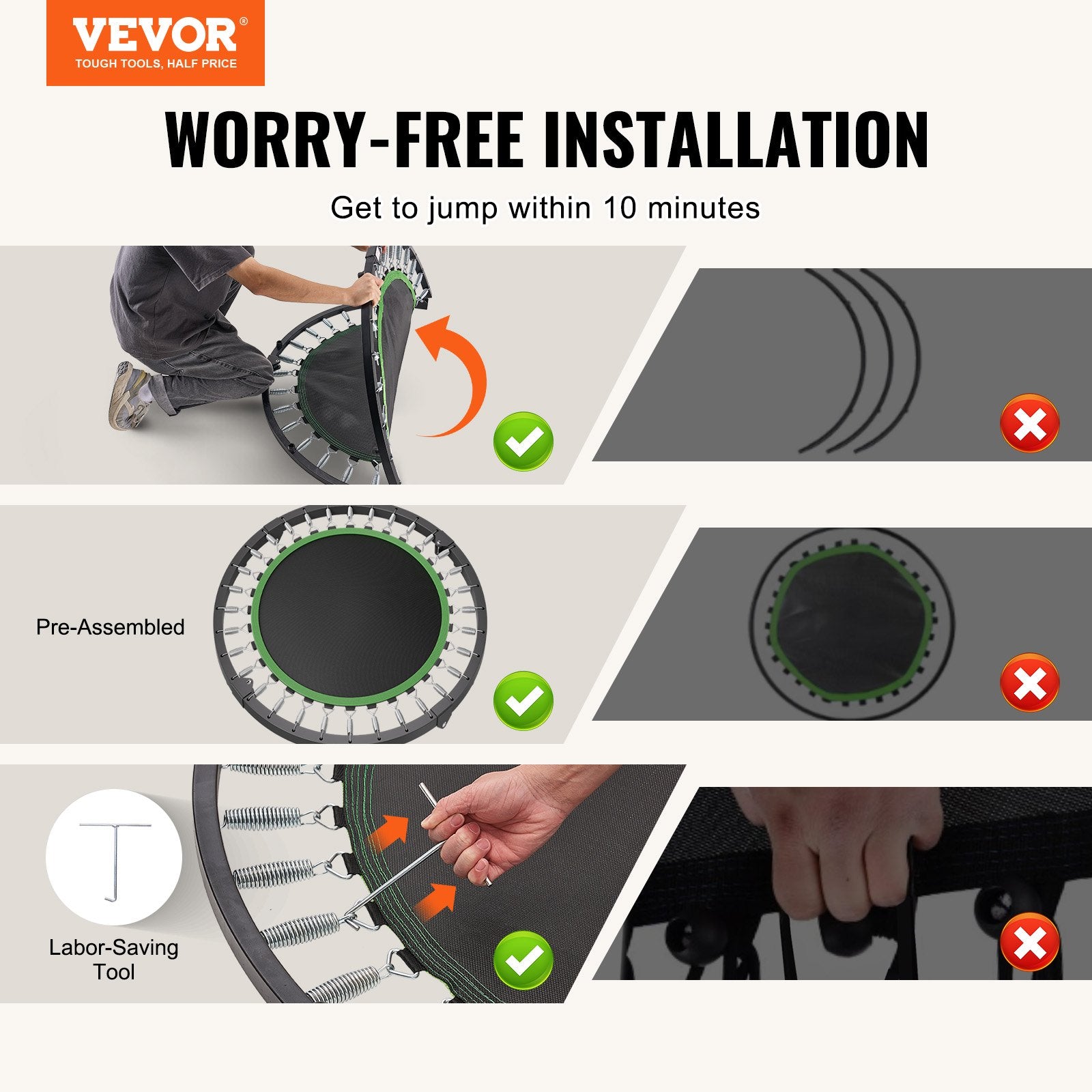 VEVOR Foldable Mini Trampoline, 40 Inch Fitness Rebounder, Max Load 330lbs Exercise Trampoline, Stable & Quiet Trampoline with 4 Level Height Adjustable Foam Handle, for Adults Indoor/Garden Workout