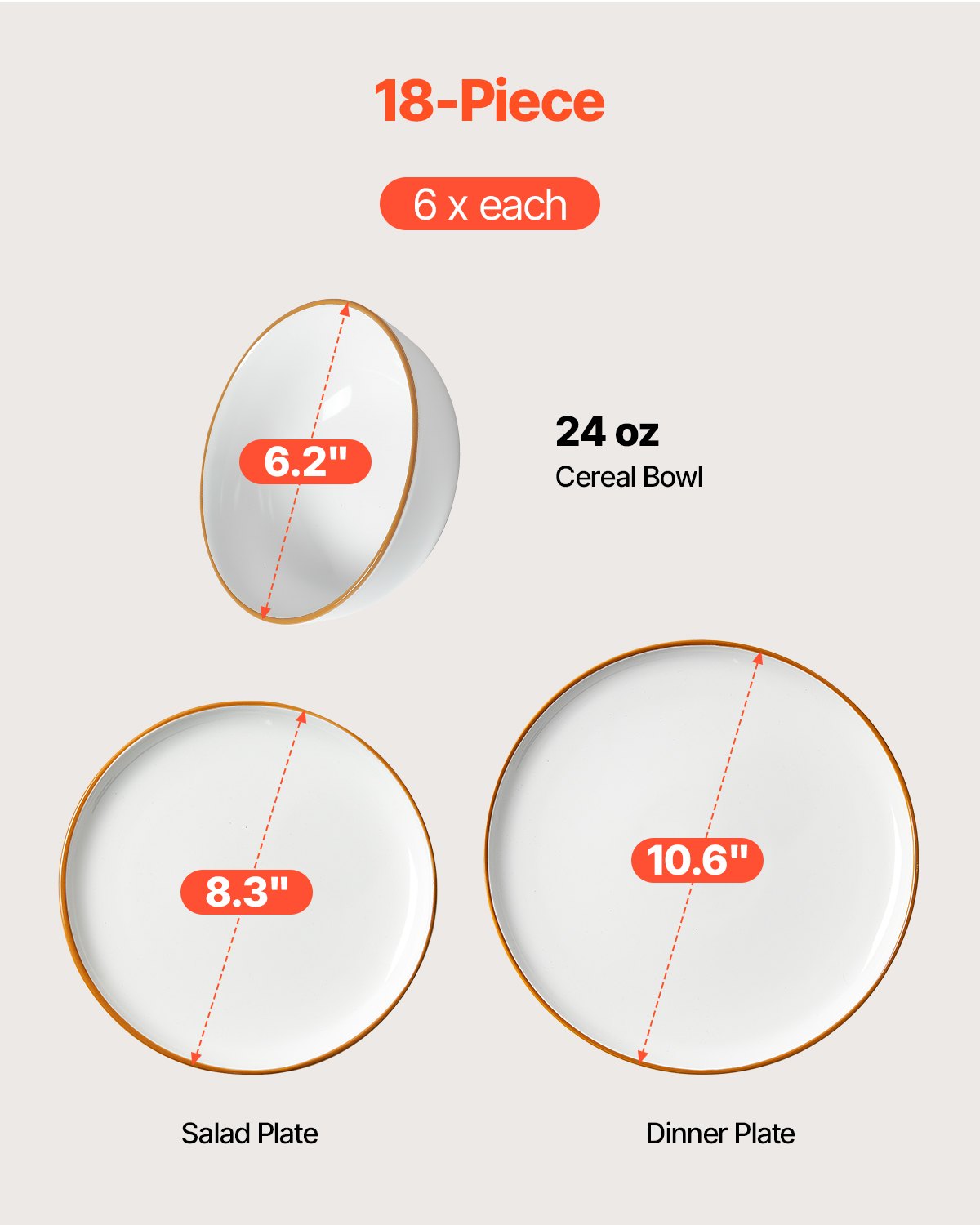 VEVOR 18 PCS Dinnerware Set Ceramic Plates and Bowls Sets Service for 6 White