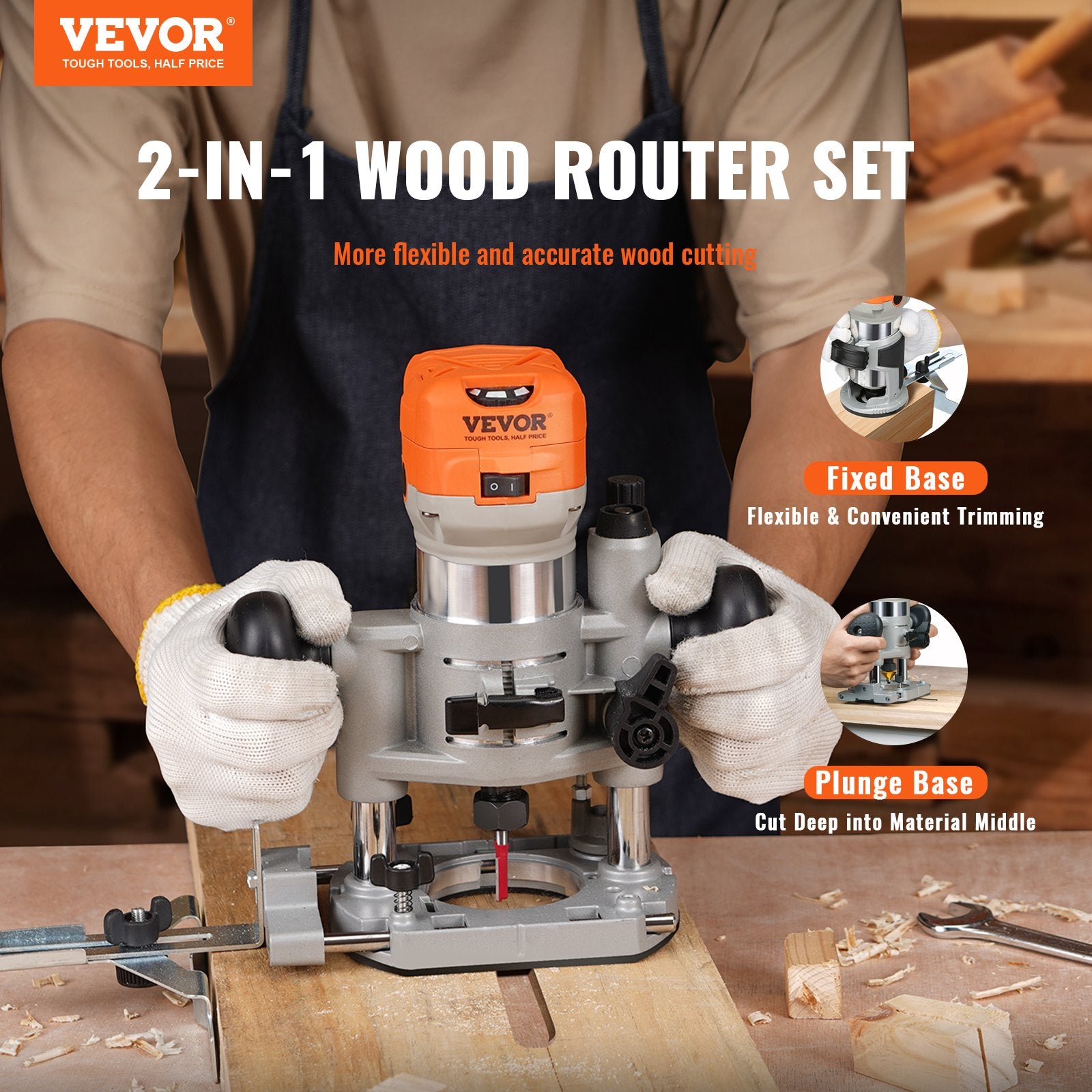 VEVOR Wood Router, 1.25HP 800W, Compact Wood Trimmer Router Combo Tool with Plunge and Fixed Base, 30000RPM 6 Variable Speeds, with 1/4'' & 5/16'' Collets Dust Hood, for Woodworking Slotting Trimming