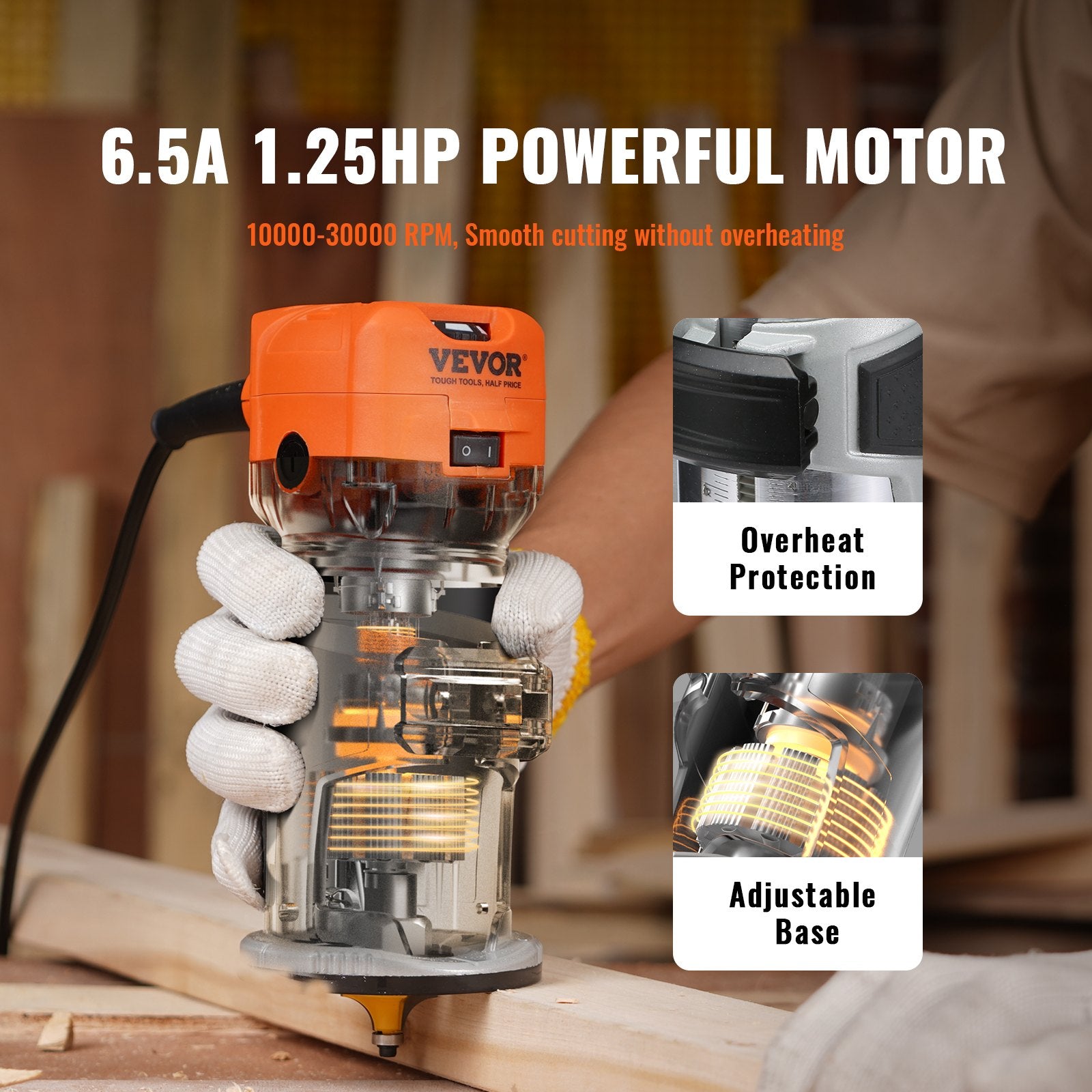 VEVOR Wood Router, 1.25HP 800W, Compact Wood Trimmer Router Combo Tool with Plunge and Fixed Base, 30000RPM 6 Variable Speeds, with 1/4'' & 5/16'' Collets Dust Hood, for Woodworking Slotting Trimming