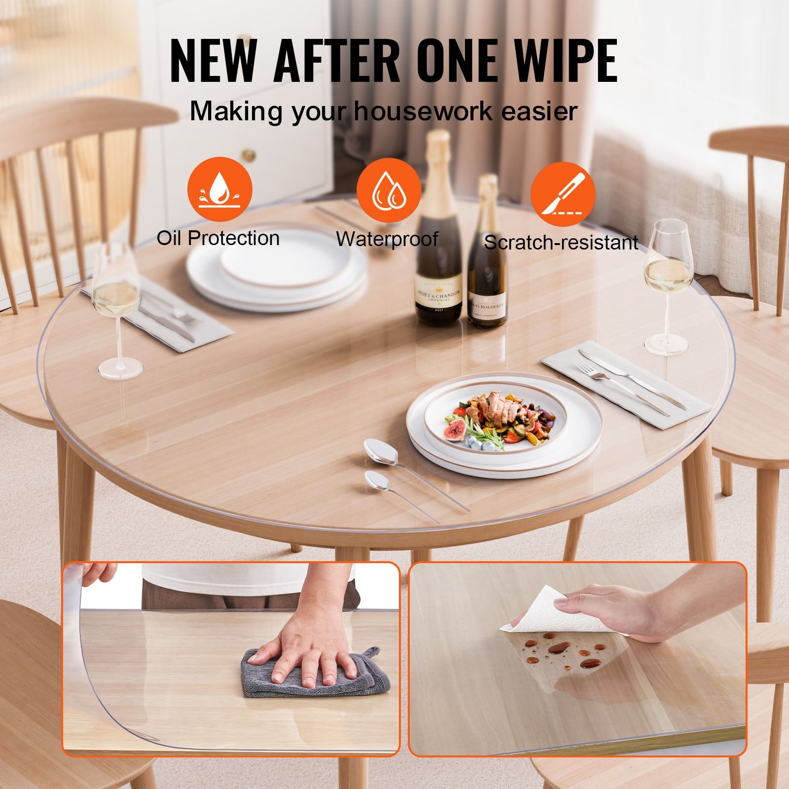 VEVOR Plastic Table Cover, 48 x 48 Inch 2.0 mm Thick Clear Table Protector, Round PVC Desk Mat, Waterproof & Easy Cleaning Desk Pad Tablecloth, for Office Dresser Dining Room Table Night Stand