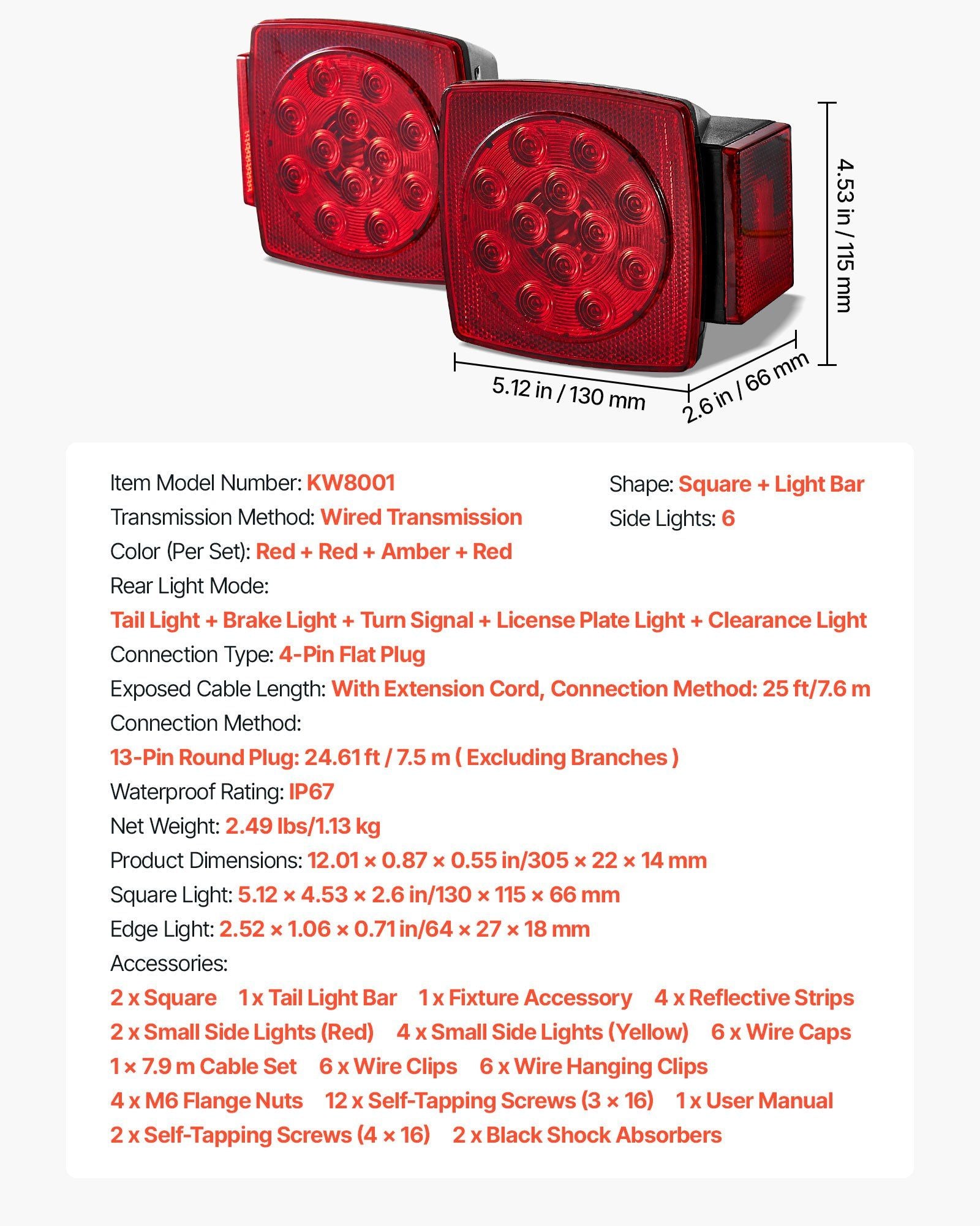 Trailer Lights, LED Trailer Tail Lights Kit with Stop Brake Turn Tail License Plate Clearance Lamp, Waterproof Tow Lighting Kit with Wiring Harness for Boat Truck Camper RV Snowmobile Caravan