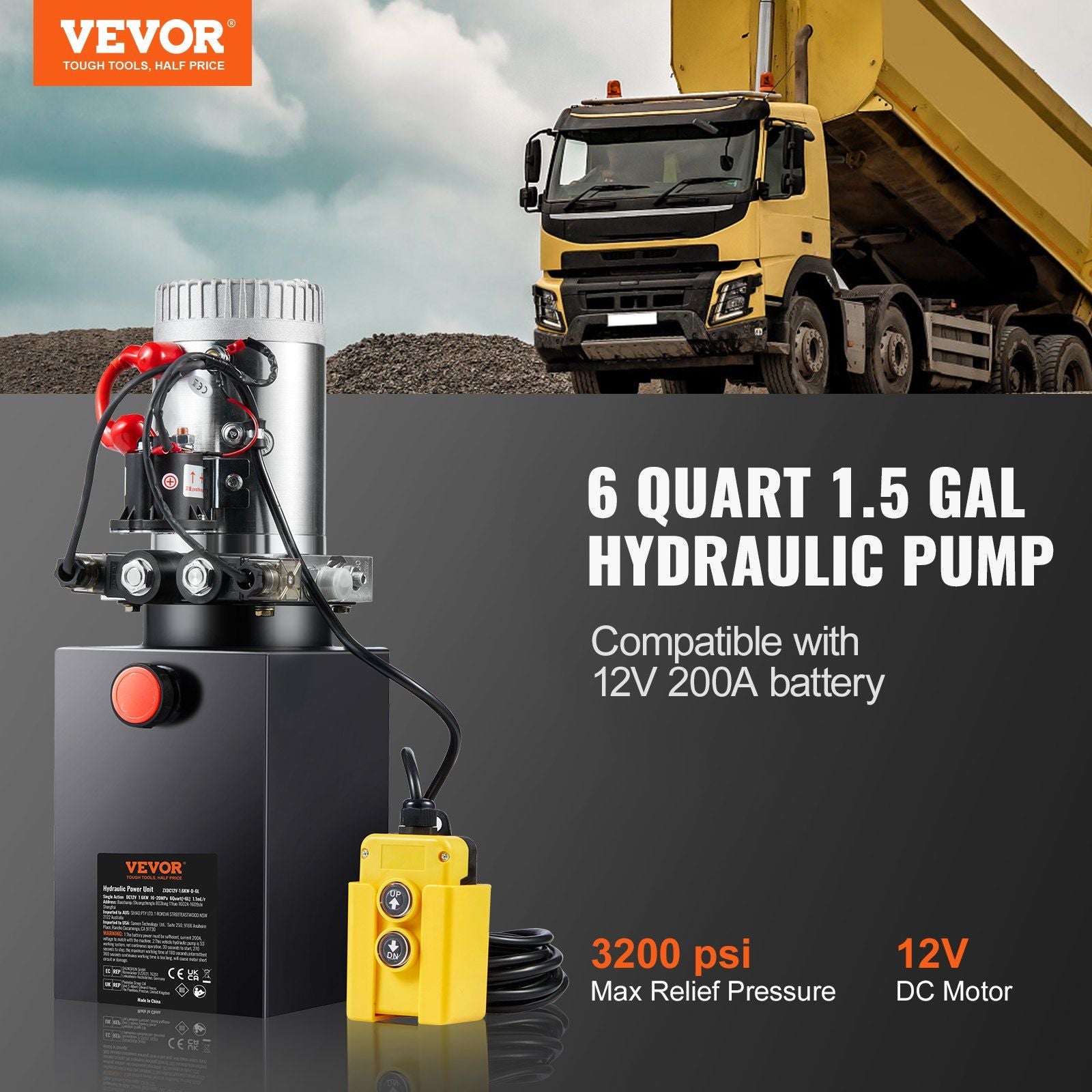 Hydraulic Pump, 6 Quart Hydraulic Power Unit, Double Acting Dump Trailer Pump, 0.91 GPM Flow Rate, 3200 PSI Max Relief Pressure, DC 12V Hydraulic Pump for Dump Trailer Car Lifting