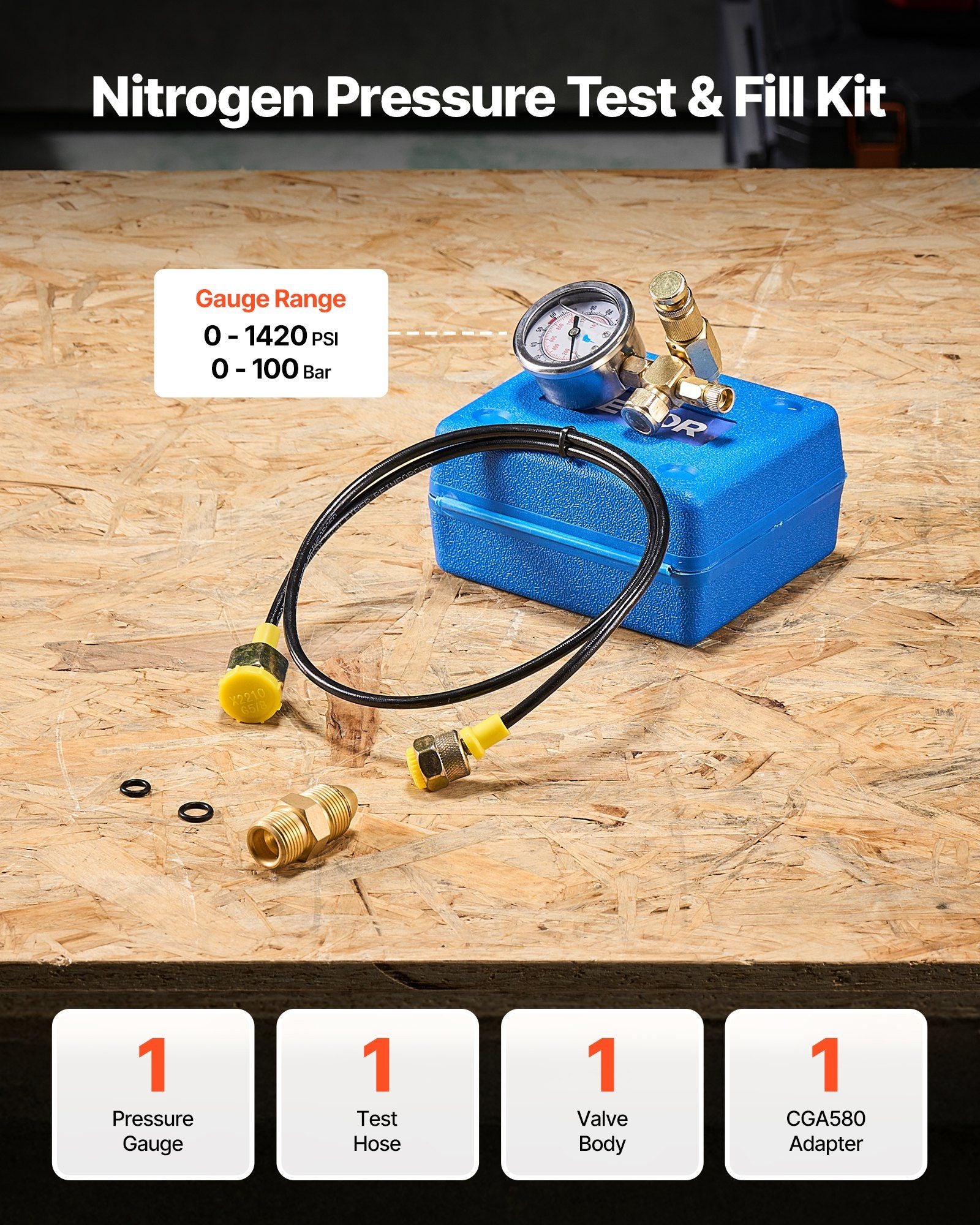 Hydraulic Nitrogen Accumulator Charging Kit, 0-100 Bar Nitrogen Fill Kit, Pressure Test System with 1 Pressure Gauge, 1 Gas Hose, 1 Valve Body and 1 CGA580 Adapter for Construction Machinery