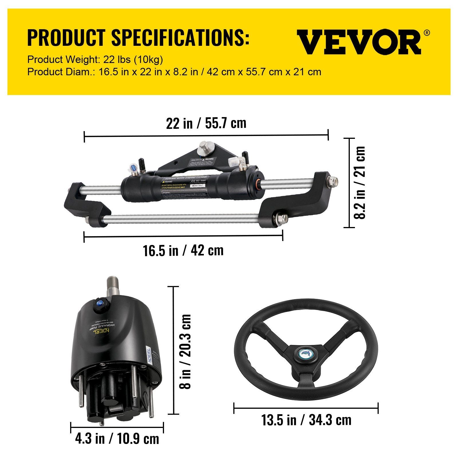 Hydraulic Boat Steering Kit, 300HP Hydraulic Steering Helm Pump, Aluminum Alloy Steering Cylinder, 13.5\" Steering Wheel with 10\" Hydraulic Steering Hose for Boat Steering System