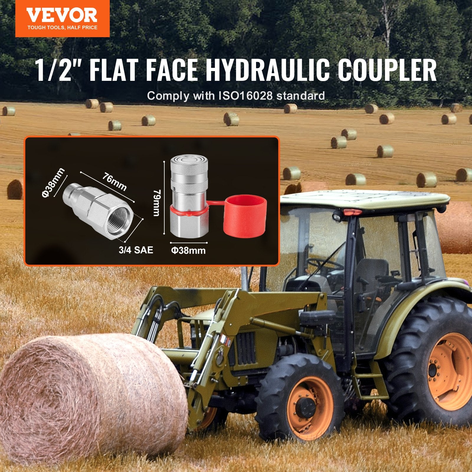 VEVOR 1/2" Flat Face Hydraulic Couplers 1/2" NPT Skid Steer Couplers 2 Dust Caps