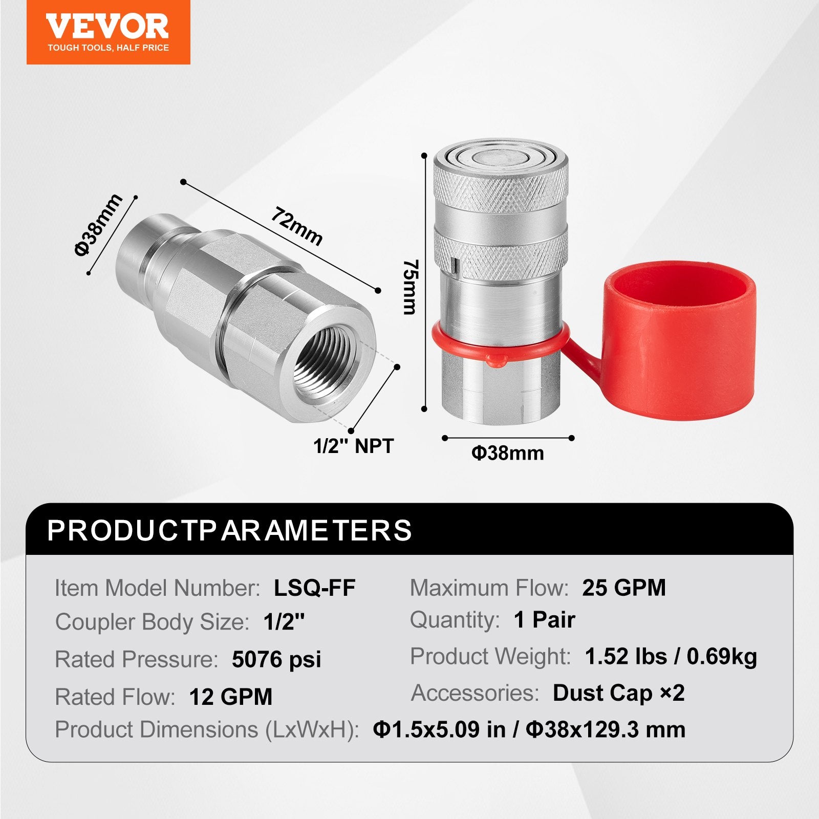 VEVOR 1/2" Flat Face Hydraulic Couplers 1/2" NPT Skid Steer Couplers 2 Dust Caps