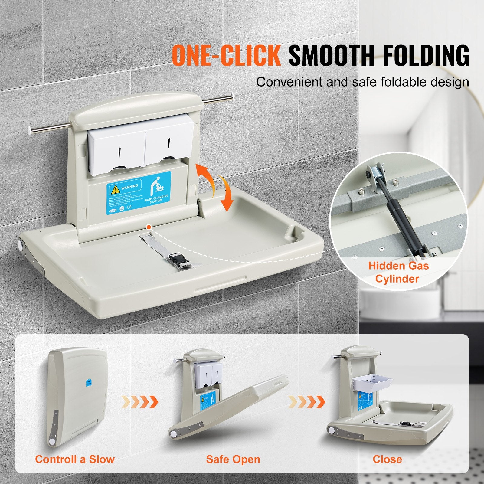 VEVOR Wall-Mounted Baby Changing Station, Horizontal Foldable Diaper Change Table with Safety Straps and Hanging Rods, Use in Commercial Bathrooms, Daycare Centers for Newborns & Infant