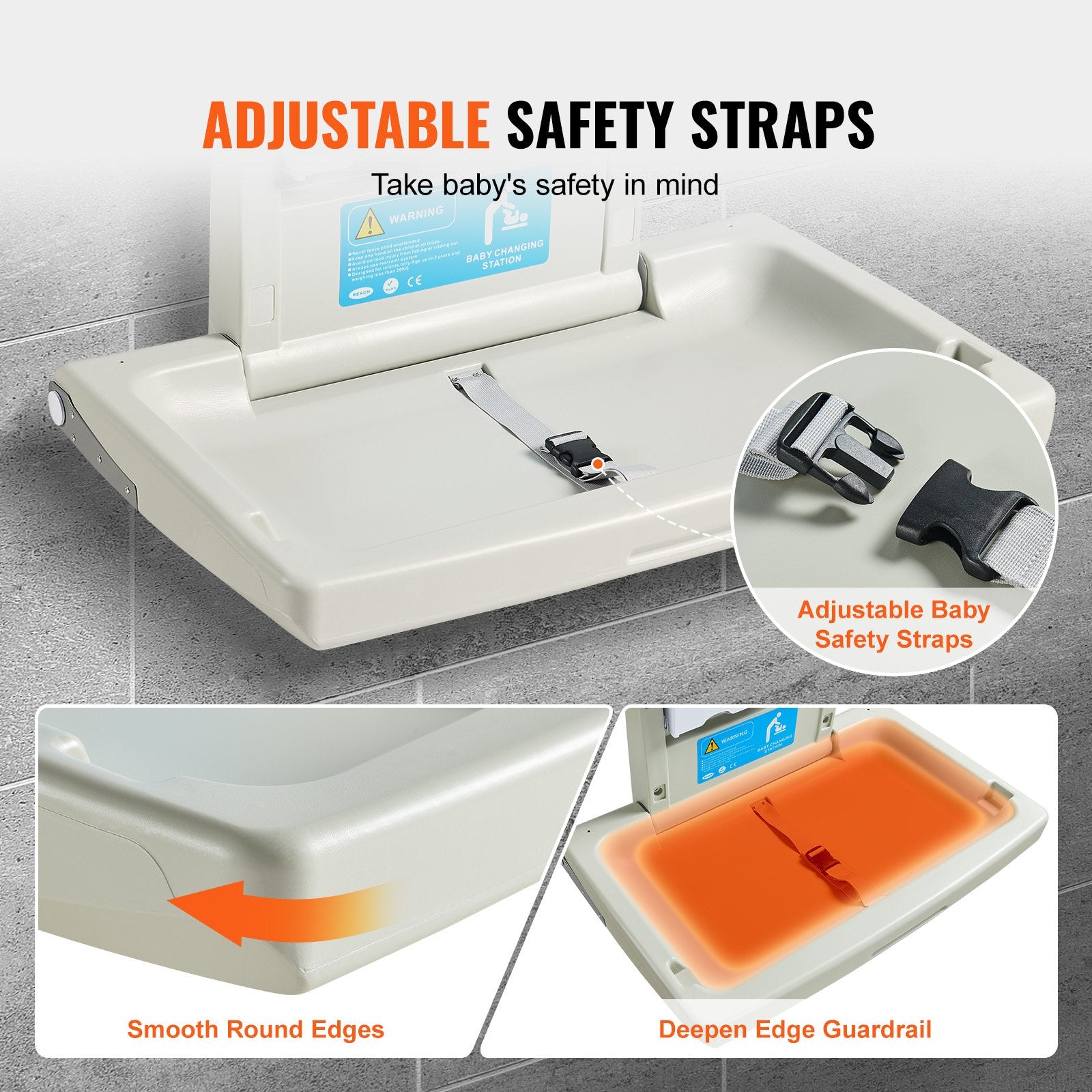 VEVOR Wall-Mounted Baby Changing Station, Horizontal Foldable Diaper Change Table with Safety Straps and Hanging Rods, Use in Commercial Bathrooms, Daycare Centers for Newborns & Infant
