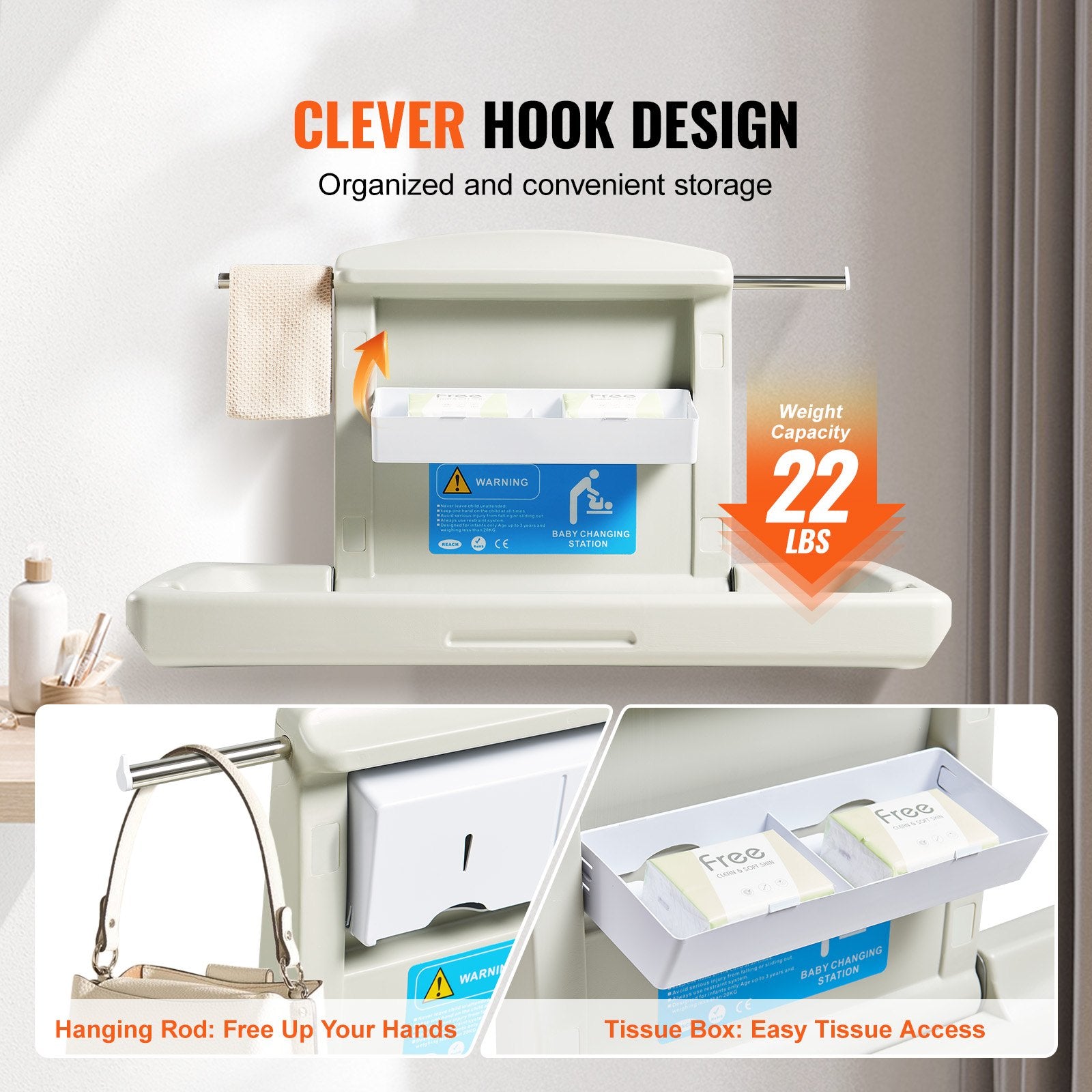 VEVOR Wall-Mounted Baby Changing Station, Horizontal Foldable Diaper Change Table with Safety Straps and Hanging Rods, Use in Commercial Bathrooms, Daycare Centers for Newborns & Infant