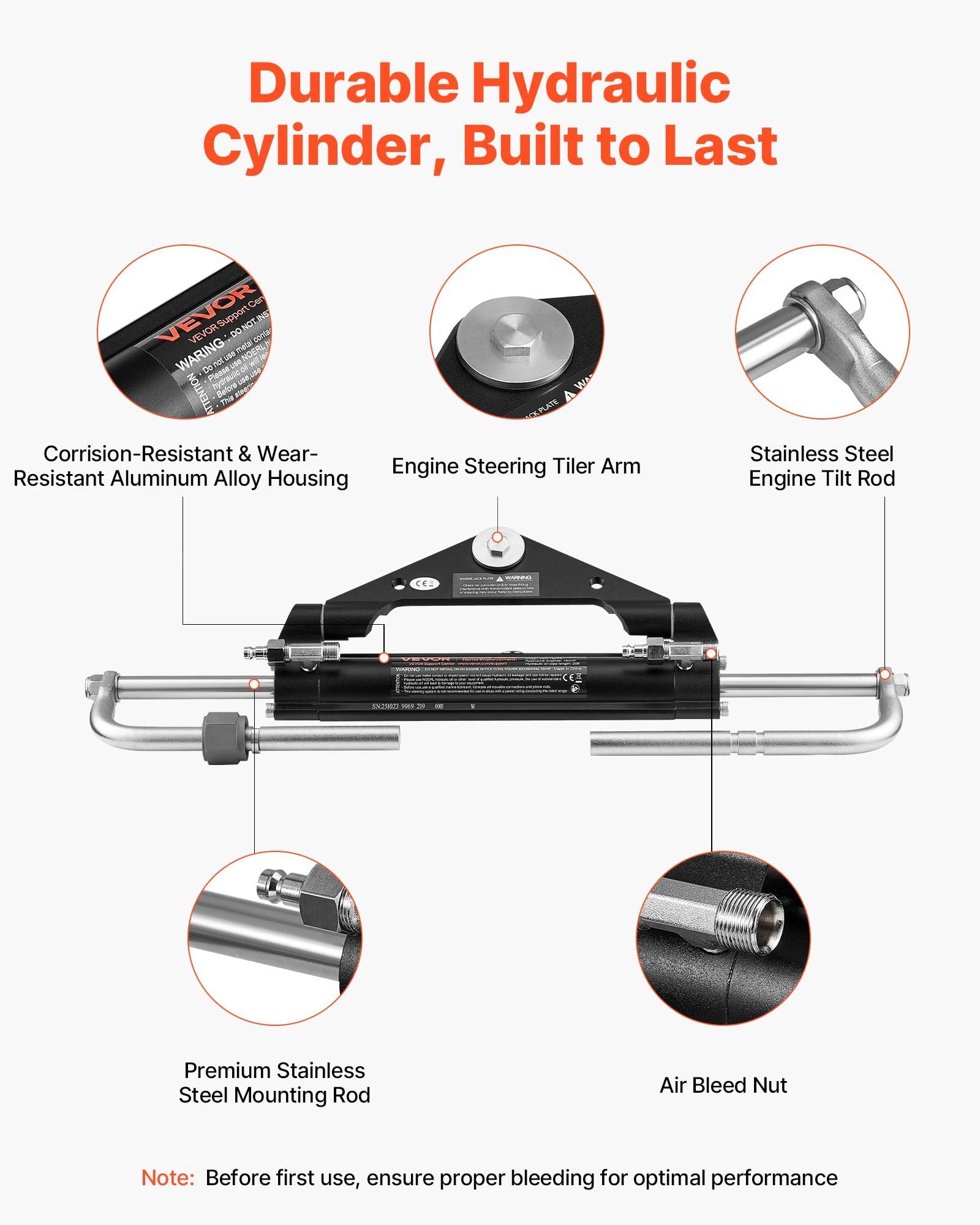 VEVOR Hydraulic Steering Kit, 150 HP, Marine Boat Hydraulic Steering System, with 6.9 MPa/1000 psi Helm Pump, Two-Way Lock Cylinder, and 6 m High-Strength Hoses, for Single Station, Single-Engine Use