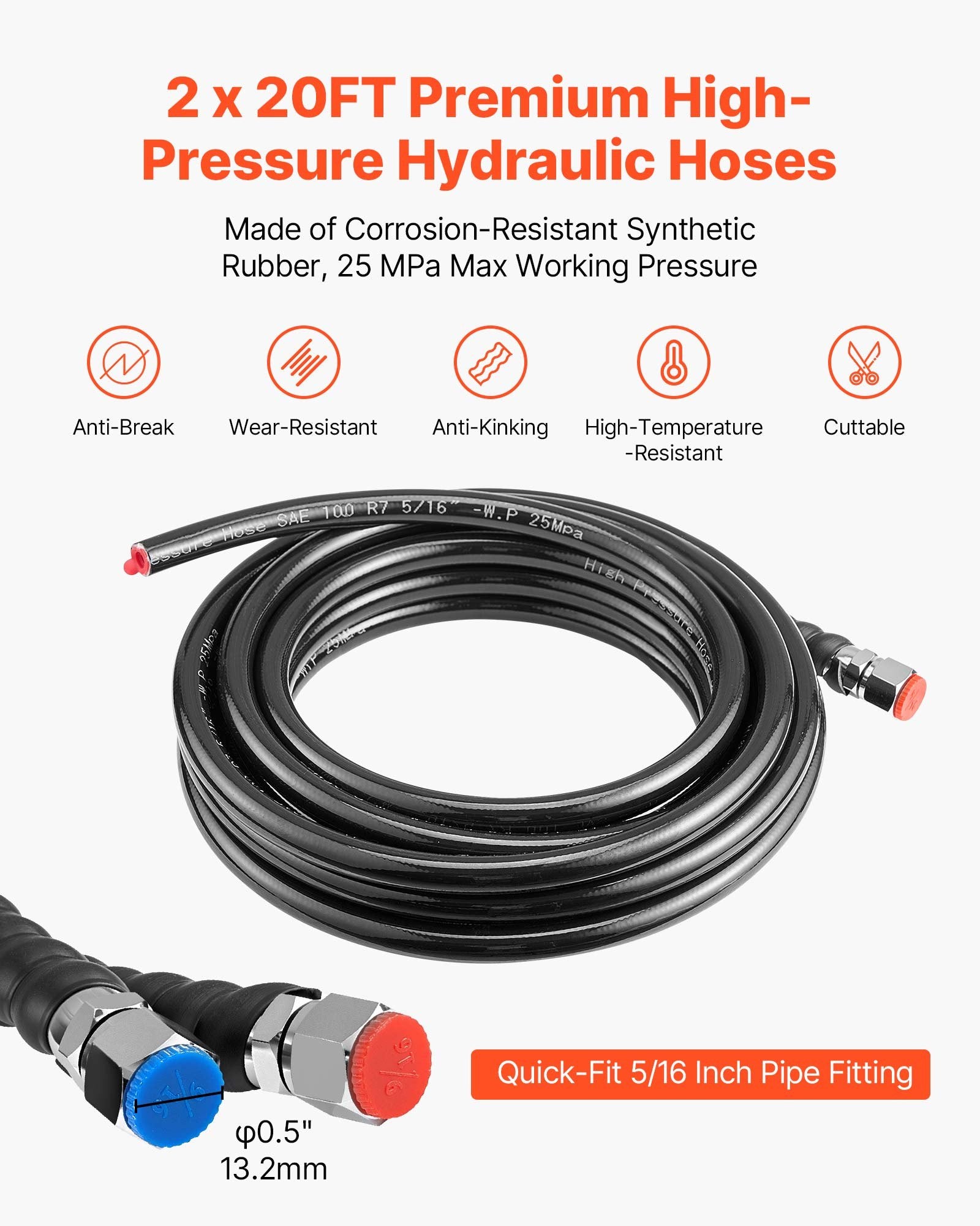 VEVOR Hydraulic Steering Kit, 150 HP, Marine Boat Hydraulic Steering System, with 6.9 MPa/1000 psi Helm Pump, Two-Way Lock Cylinder, and 6 m High-Strength Hoses, for Single Station, Single-Engine Use