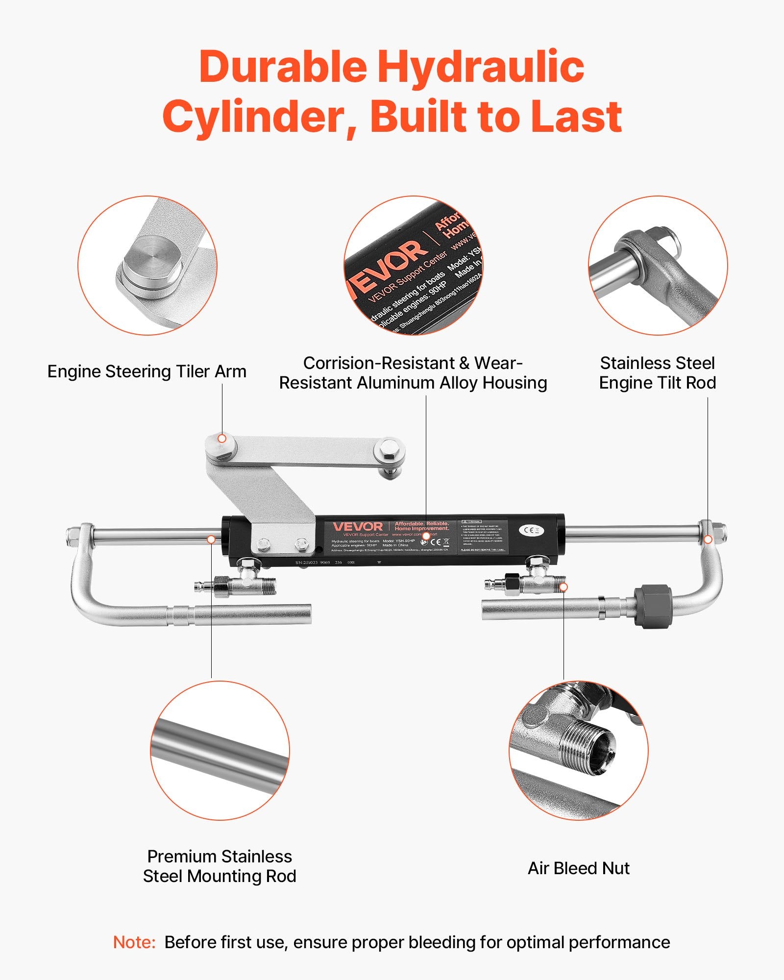 VEVOR Hydraulic Steering Kit, 90 HP, Hydraulic Steering Helm Pump & Cylinder, with 6.9 MPa/1000 psi Max Working Pressure, Aluminum Alloy Housing, Check Valve, for Outboards Fishing Boats Sailboats