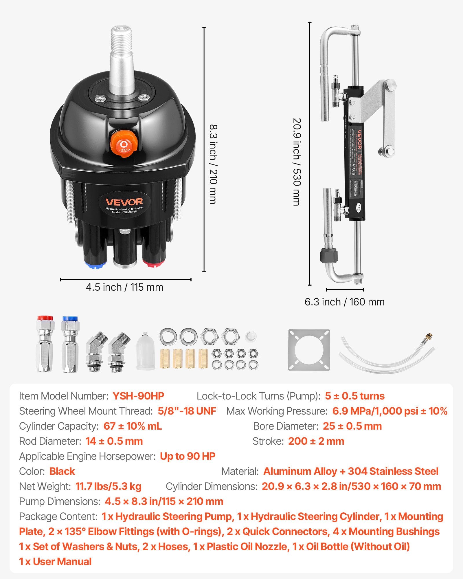 VEVOR Hydraulic Steering Kit, 90 HP, Hydraulic Steering Helm Pump & Cylinder, with 6.9 MPa/1000 psi Max Working Pressure, Aluminum Alloy Housing, Check Valve, for Outboards Fishing Boats Sailboats