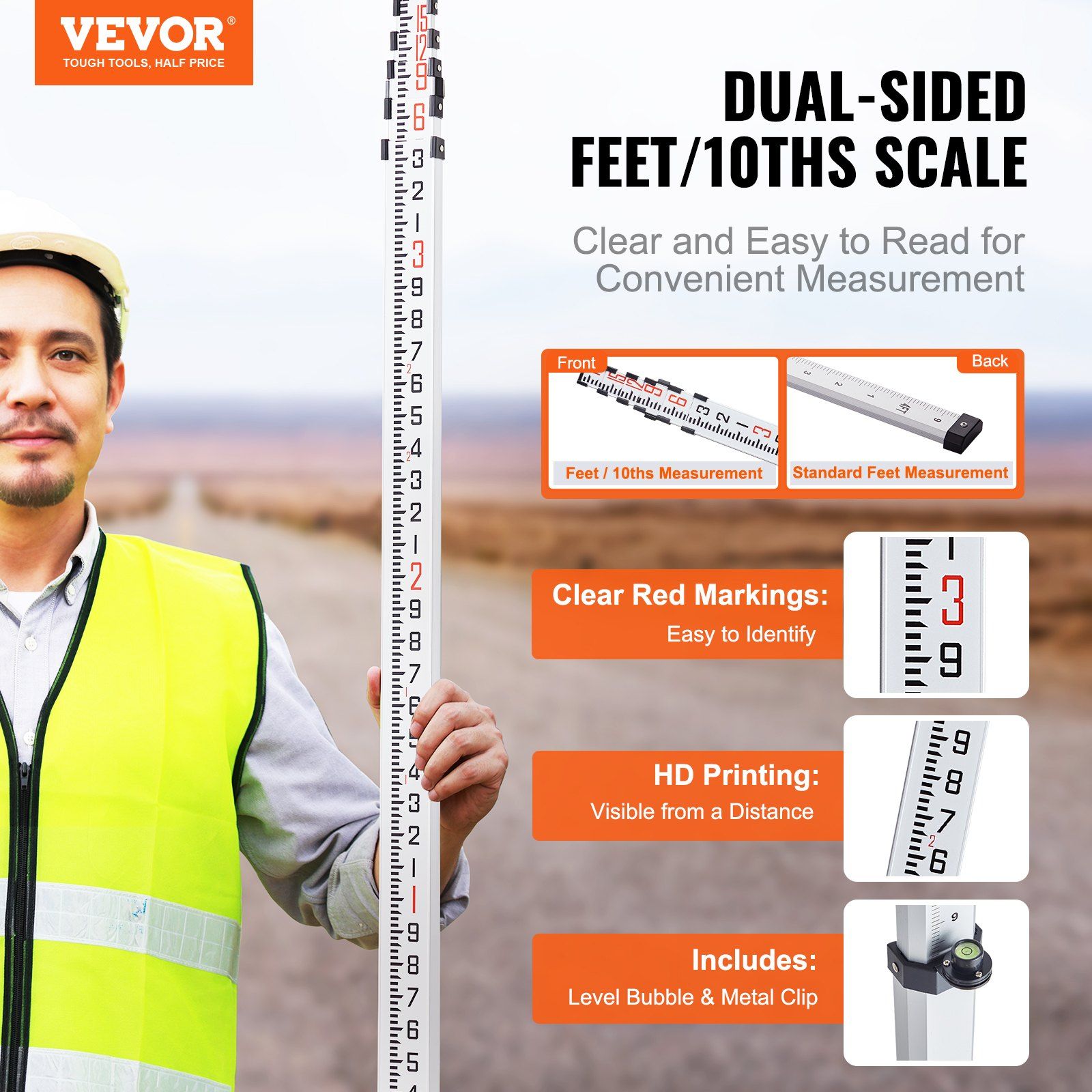 Aluminum Grade Rod, 18-Feet/10ths 6 Sections Telescopic Measuring Rod,Double-Sided Scale 1/10ft Leveling Rod Stick,Aluminum Alloy Survey Rod w/ Bubble Level &Carrying Bag for Houses,Walls,Floors
