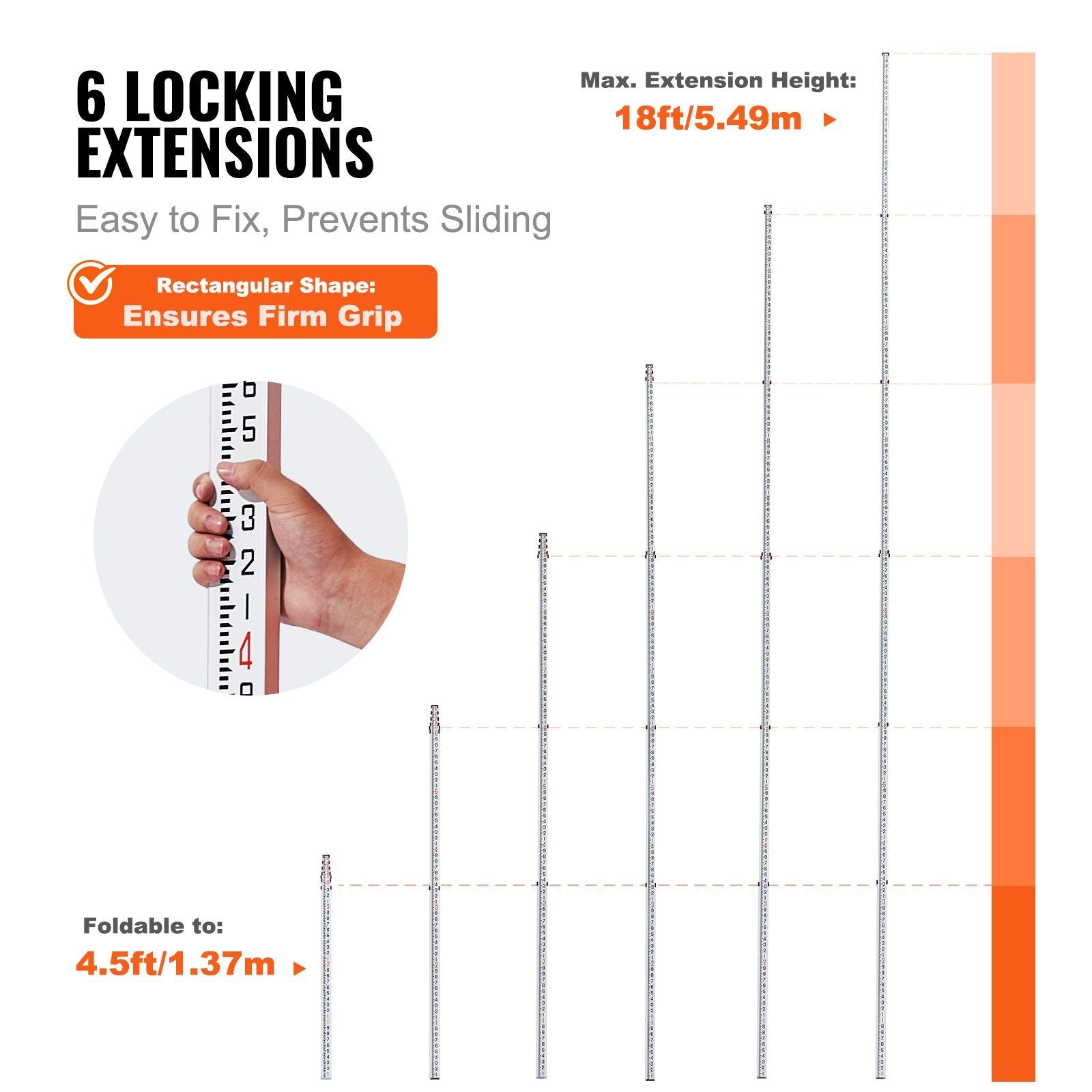Aluminum Grade Rod, 18-Feet/10ths 6 Sections Telescopic Measuring Rod,Double-Sided Scale 1/10ft Leveling Rod Stick,Aluminum Alloy Survey Rod w/ Bubble Level &Carrying Bag for Houses,Walls,Floors