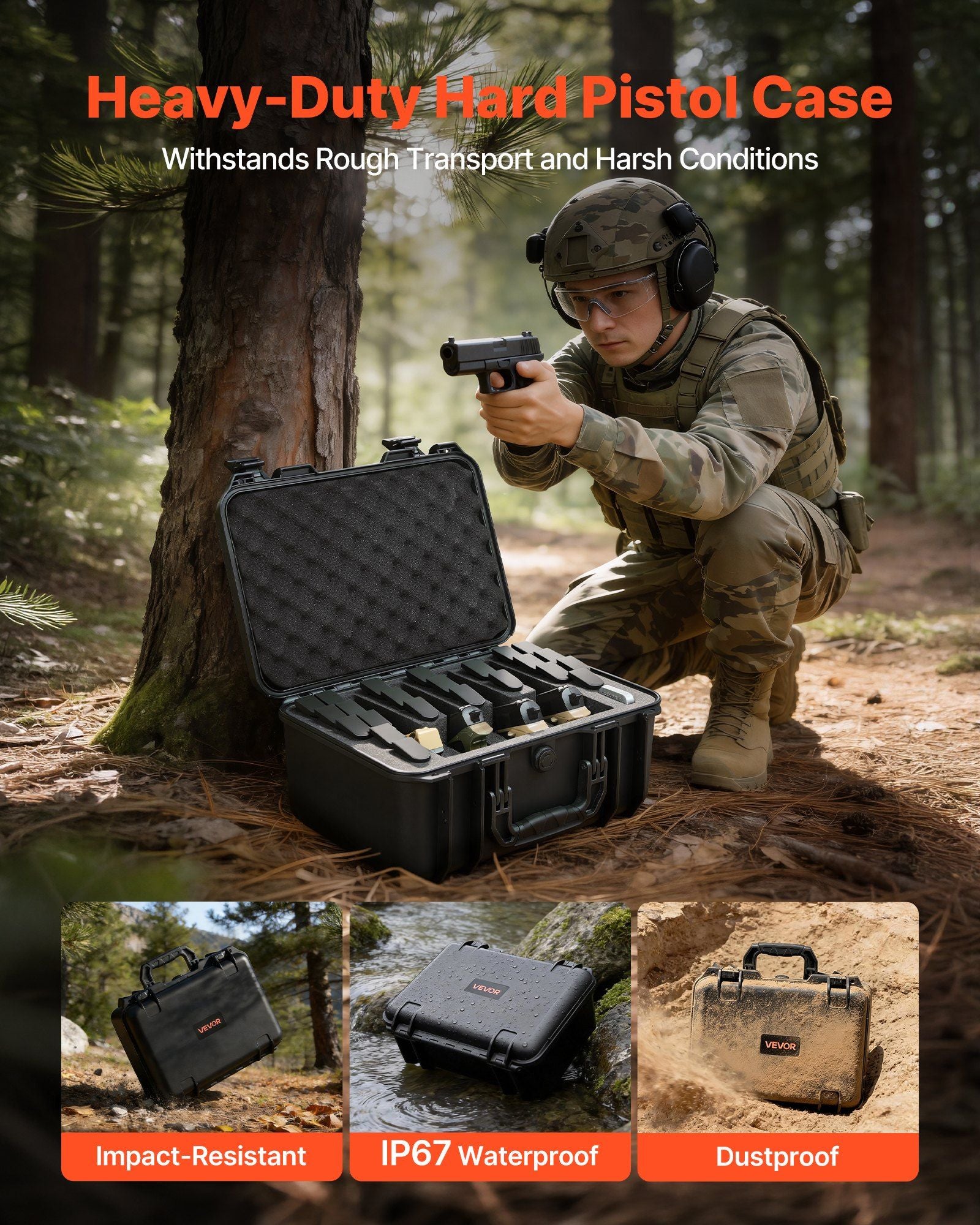 Hard Pistol Case, Heavy Duty Hard Gun Case with XPE Foam Lining, Waterproof Pistol Storage Box with Customizable Interior & Handle for Gun, Lenses, Camera, Gear, TSA Compliant, 404x319x192 mm