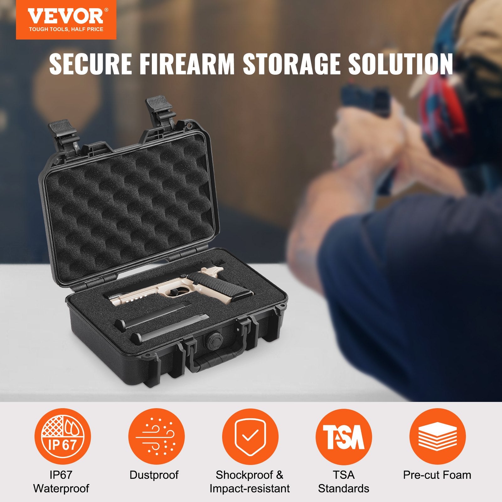 VEVOR Hard Pistol Cases with Pre-cut PU Foam, Waterproof & Dustproof Hard Gun Case for 1 Pistol, 12.59×9.01×4.4 in Lockable Pistol Case, Black