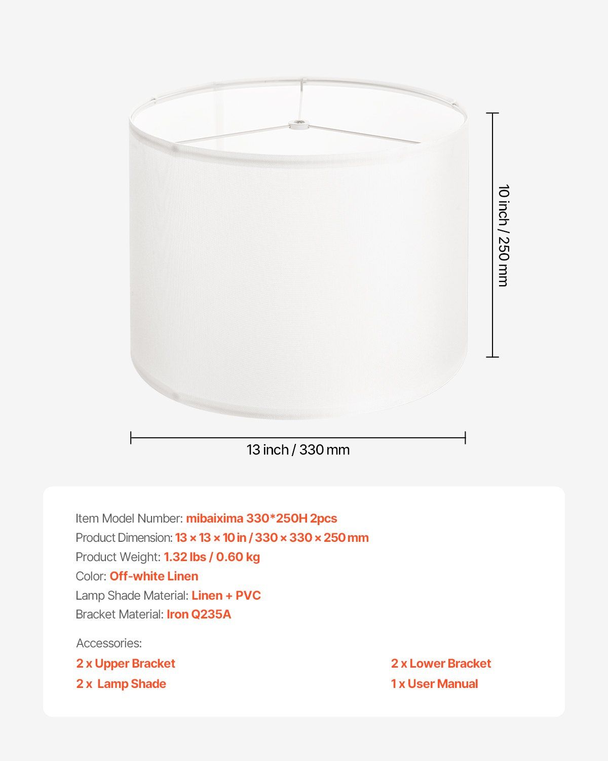 Drum Lamp Shade 2 Set, 33 cm Top x 33 cm Bottom x 25 cm High, Medium Drum Linen Lampshade, Replacement Lamp Shade for Table Lamps Floor Lamps Pendant Lights, Easy Assembly Required (Off-white)