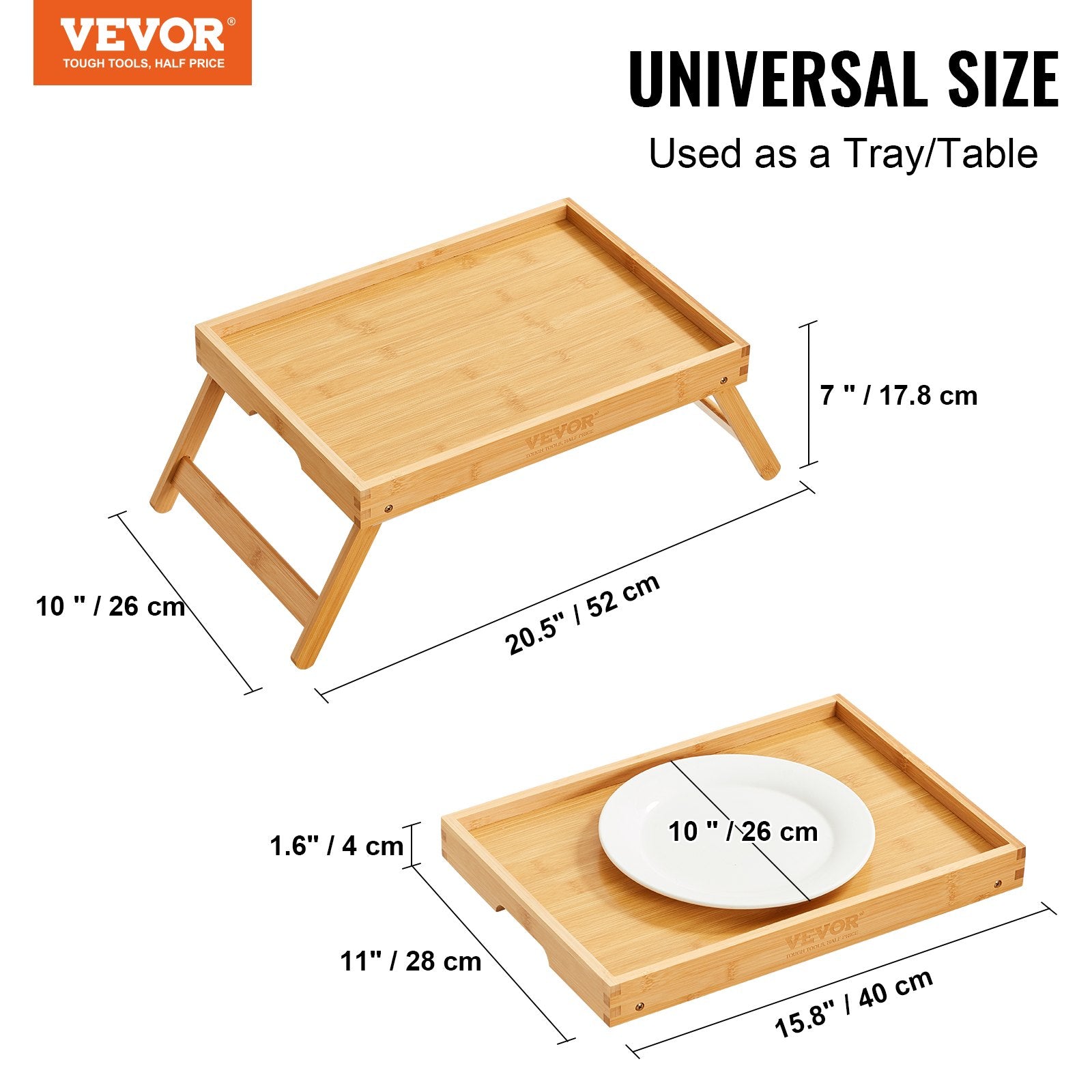 VEVOR Bed Tray Table with Foldable Legs, Bamboo Breakfast Tray for Sofa, Bed, Eating, Snacking, and Working, Folding Serving Laptop Desk Tray, Portable Food Snack Platter for Picnic, 40x28 cm