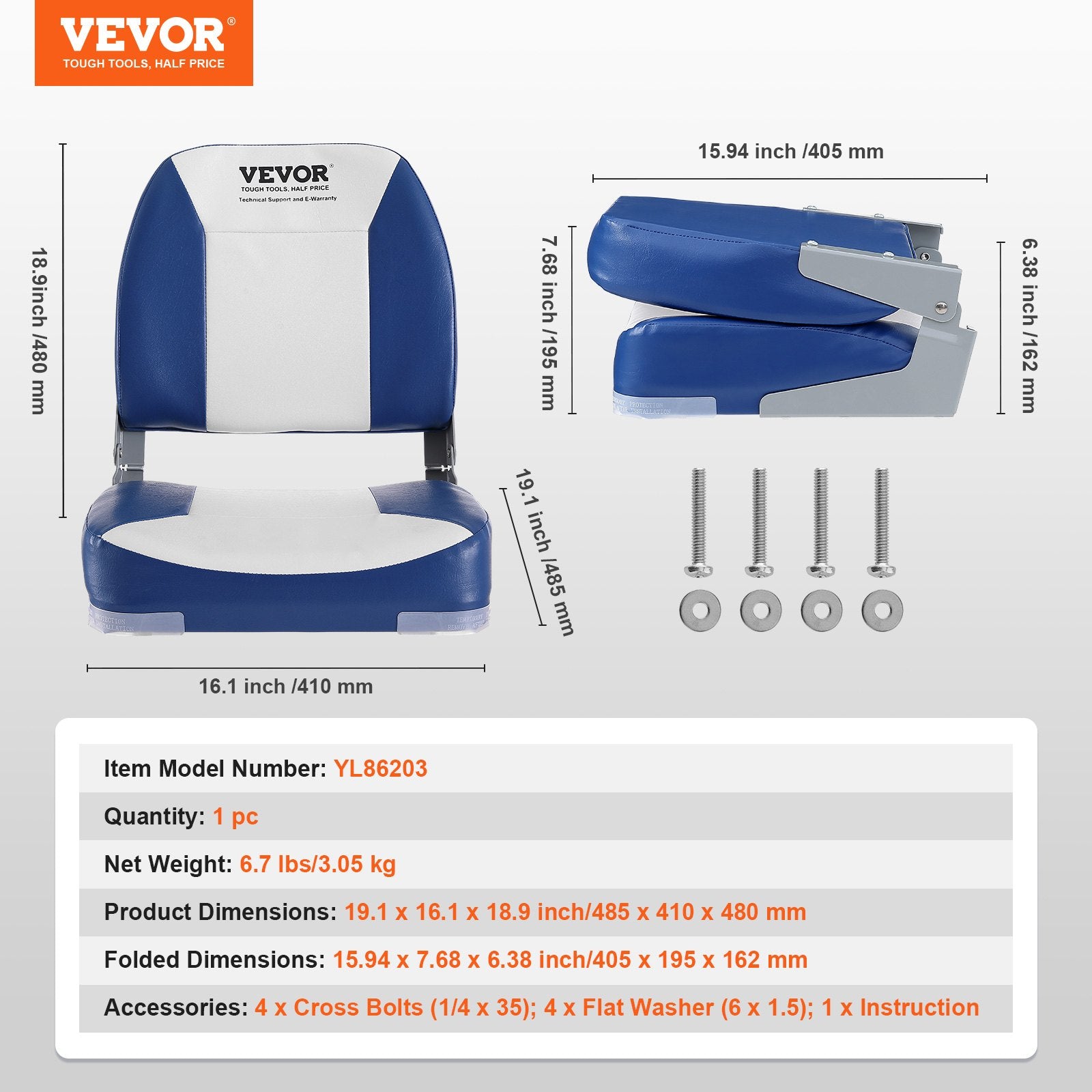 VEVOR Boat Seat, 480 mm Low Back Boat Seat, Folding Boat Chair with Thickened Sponge Padding and Hinge, Fold-Down Boat Captain Chair for Fishing Boat, Sightseeing Boat, Speedboat, Canoe, 1-Piece