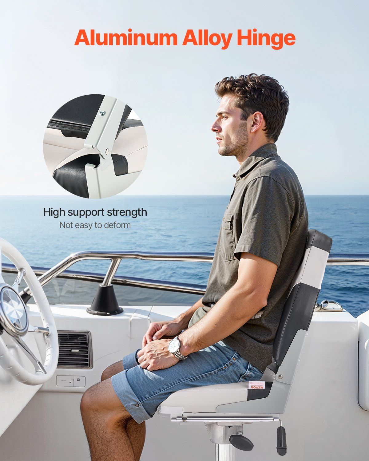 Boat Seat, High Backrest, Folding Fishing Boat Seat with Thickened Sponge Cushion & Waterproof PVC Leather, Aluminum Alloy Hinges, Flip Up Boat Seat for Boats, Yachts, Ships, Black & Grey