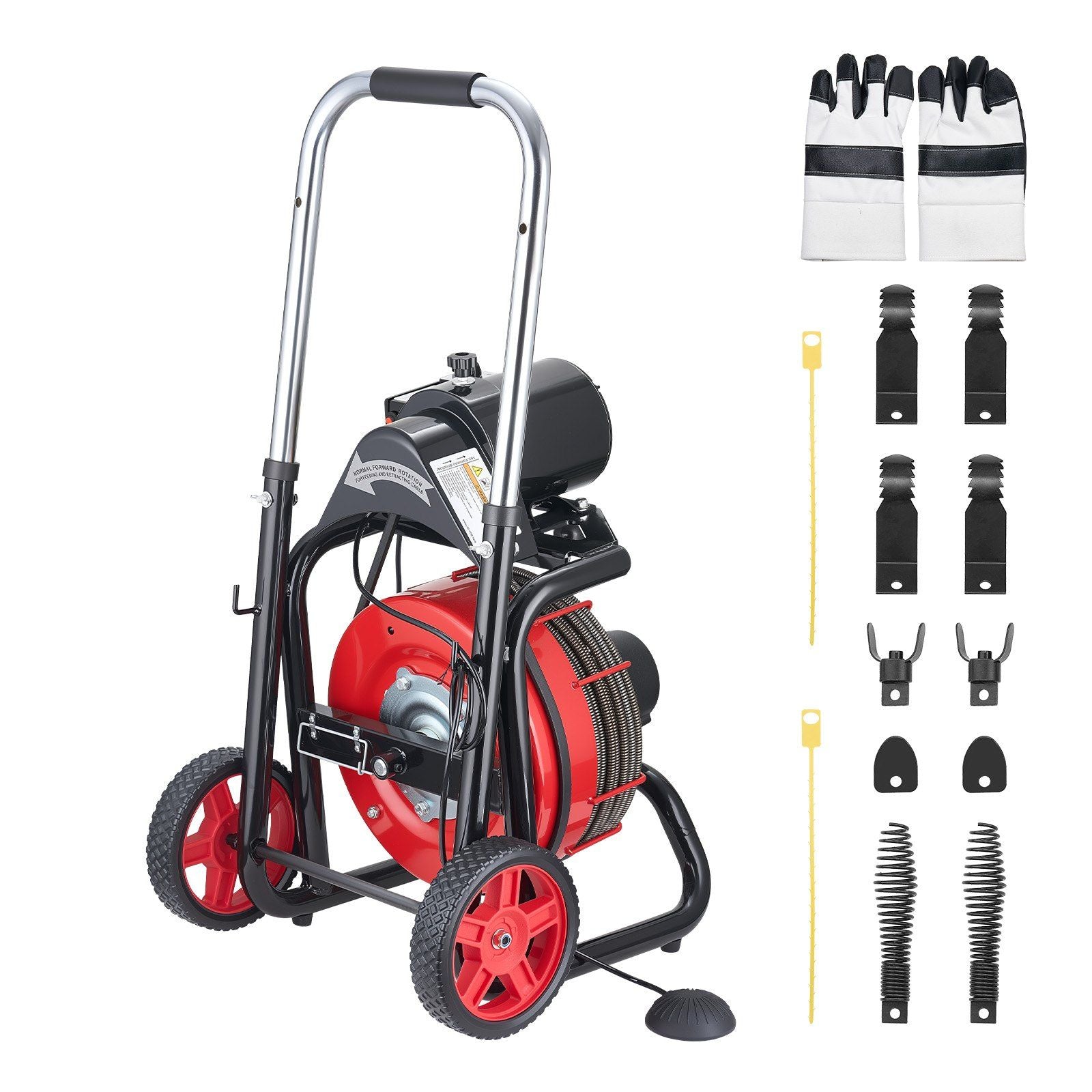 Drain Cleaner Machine 30m x 13mm, Auto Feed Sewer Snake Auger on Wheels - with 8 Cutters & Air-Activated Foot Switch for 50mm to 150mm Pipes