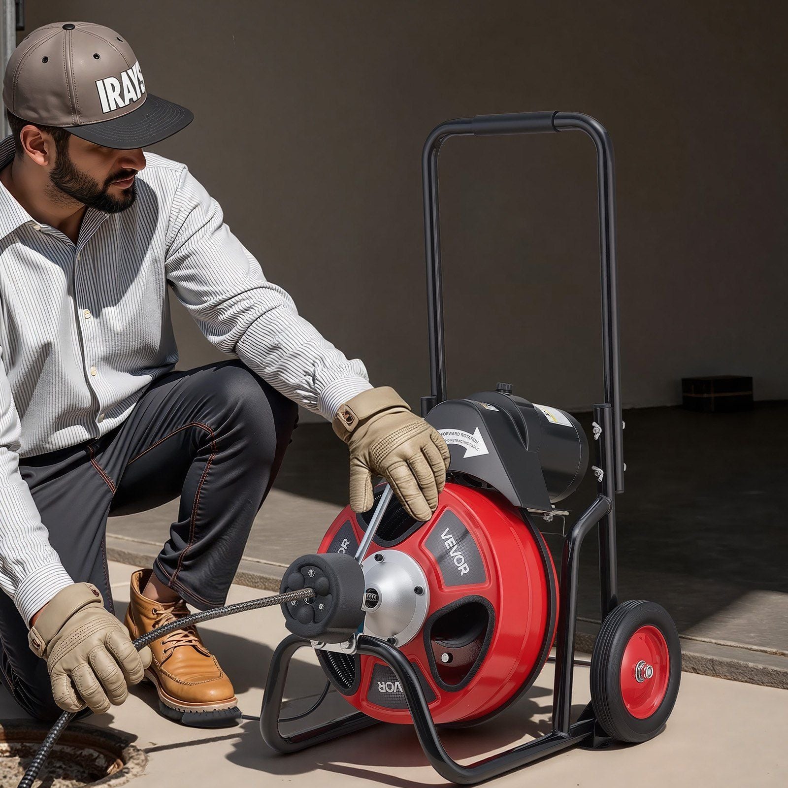 Drain Cleaner Machine 15m x 13mm, Auto Feed Sewer Snake Auger on Wheels, Portable Drain Cleaning Machine with 4 Cutters & Air-activated Foot Switch for 50mm to 150mm Pipes
