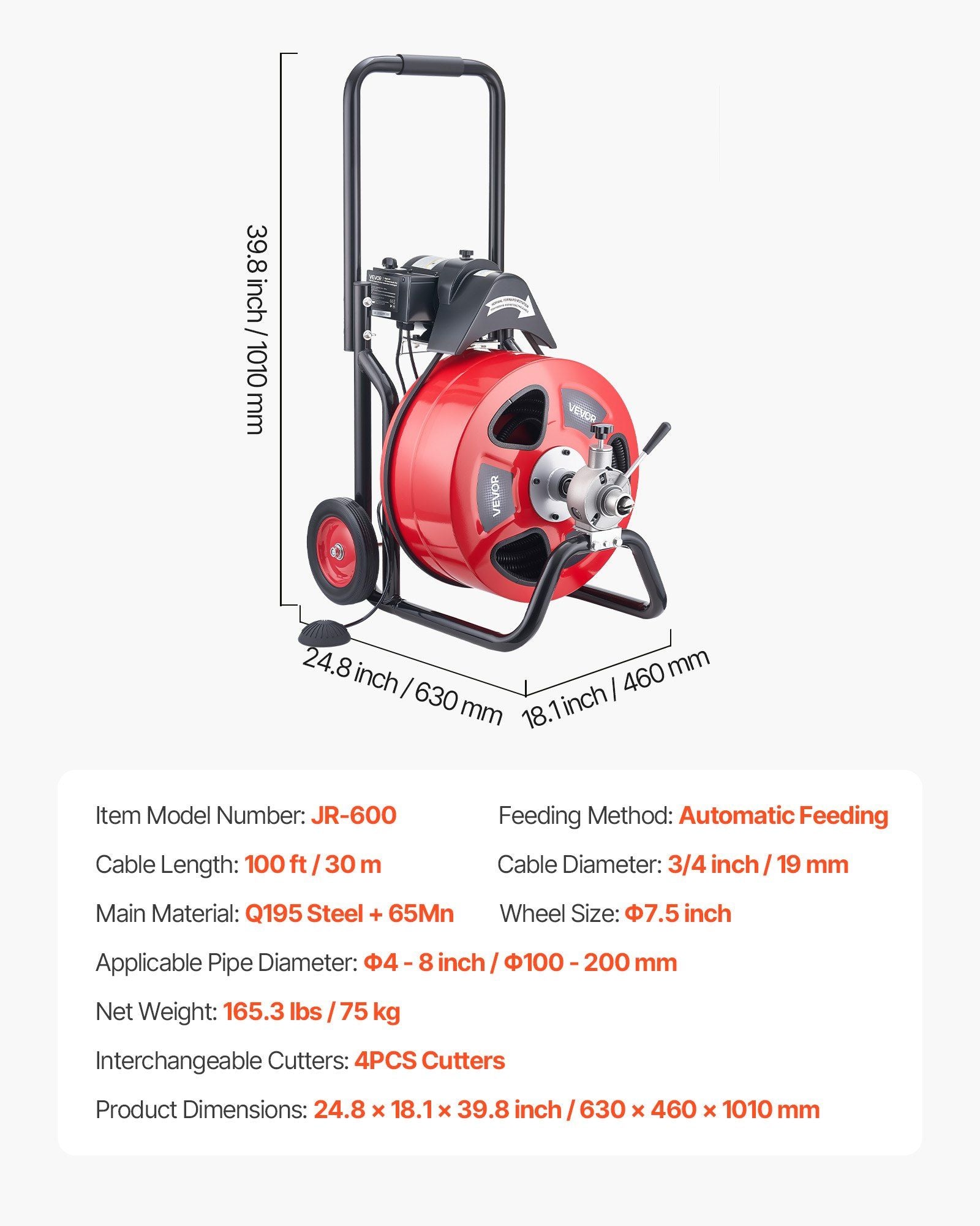 Drain Cleaner Machine 30m x 19mm, Auto Feed Sewer Snake Auger on Wheels, Portable Drain Cleaning Machine with 4 Cutters & Air-activated Foot Switch for 100mm to 200mm Pipes