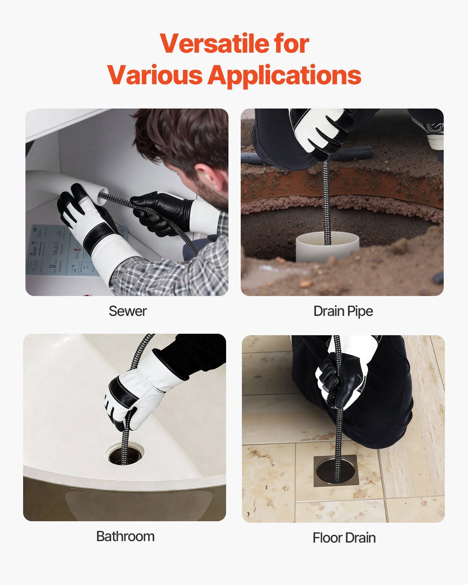 Drain Cleaner Machine 30m x 9.5mm, Auto Feed Sewer Snake Auger on Wheels, Portable Drain Cleaning Machine with 4 Cutters & Air-activated Foot Switch for 50mm to 100mm Pipes
