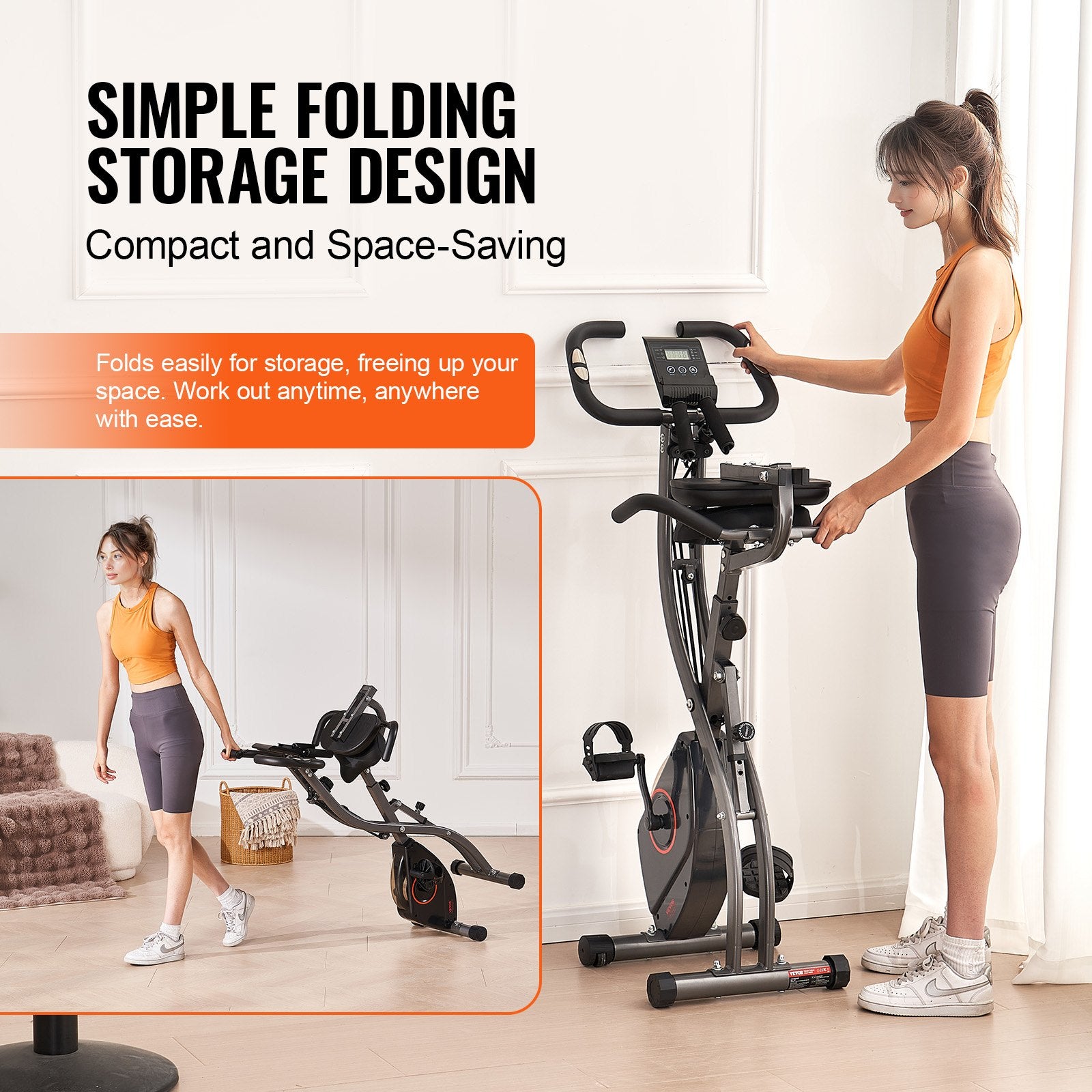 VEVOR Folding Exercise Bike, Foldable Fitness Stationary Bike, Adjustable Magnetic Resistance Stationary Bike, Upright Indoor Cycling Bike for Home Gym Workout, Comfortable Seat Cushion, LCD Monitor