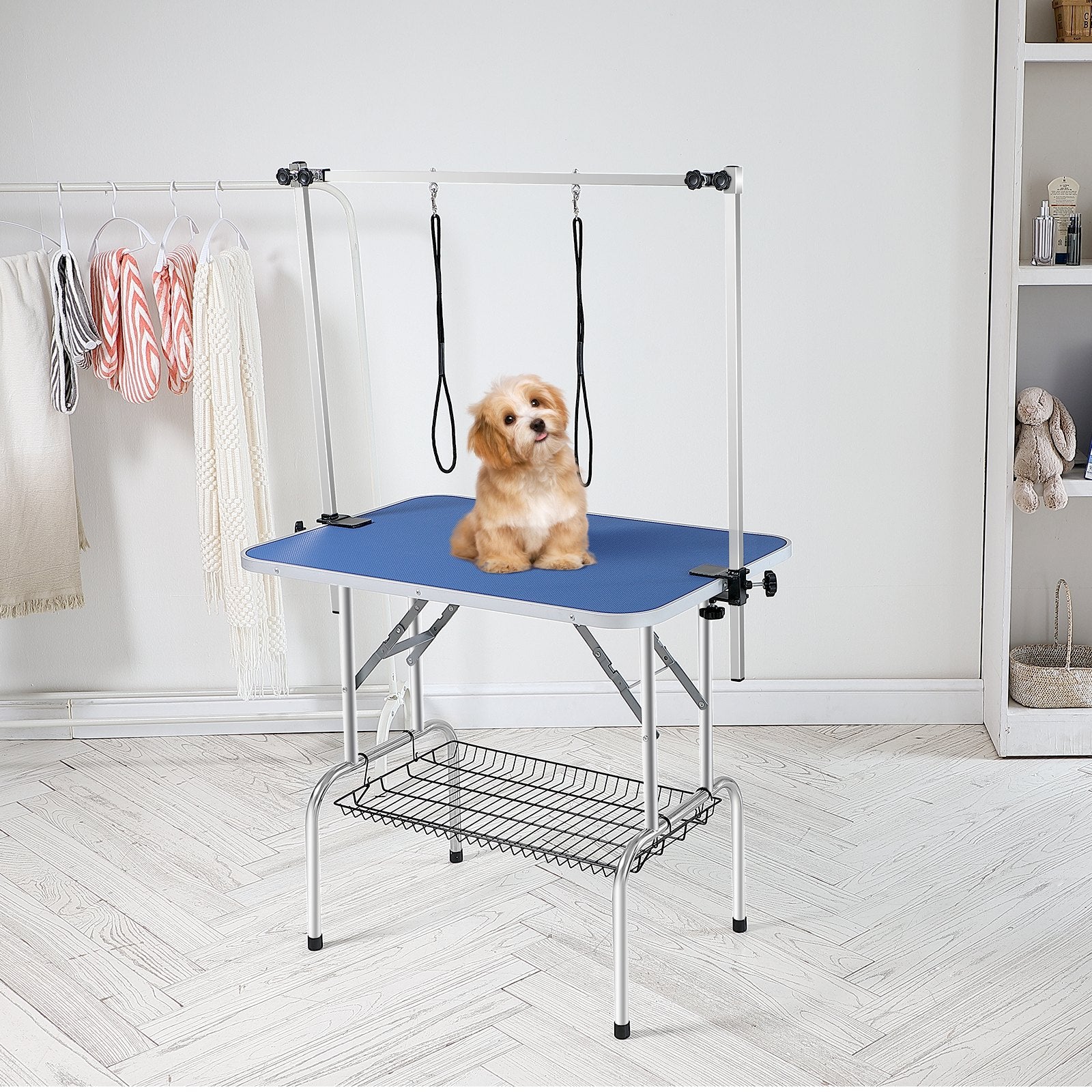 VEVOR Pet Grooming Table Two Arms with Clamp, 915 x 610mm Dog Grooming Station, Foldable Pets Grooming Stand for Medium and Small Dogs, Free Two No Sit Haunch Holder with Grooming Loop, Bearing 150kg
