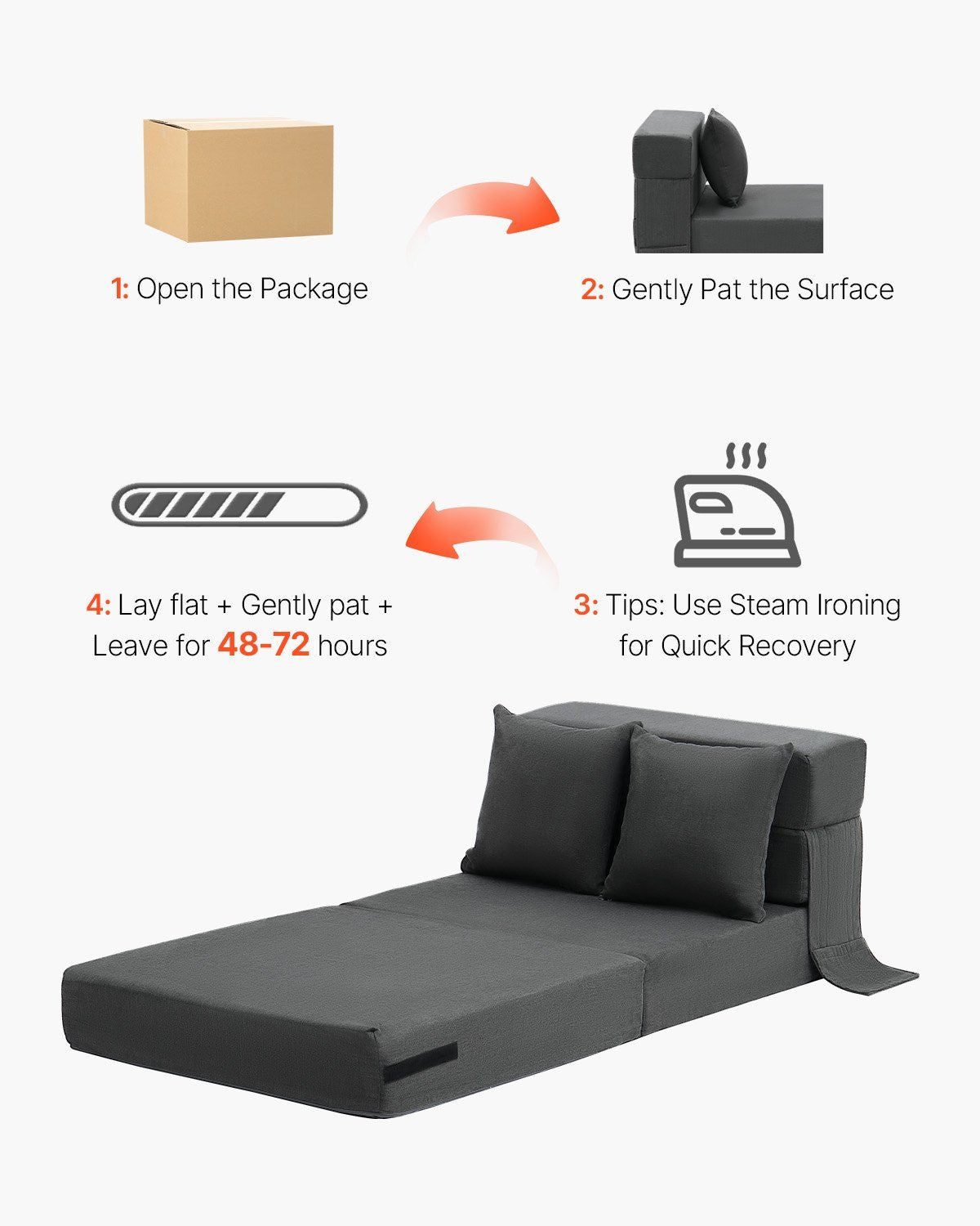 Folding Sofa Bed, 3-in-1 Foldable Couch Bed with 2 Pillows and Washable Cover, 25D High Density Memory Foam Convertible Sleeper Chair Bed, Futon Couch for Living Room, Bedroom, Dark Grey(Single)