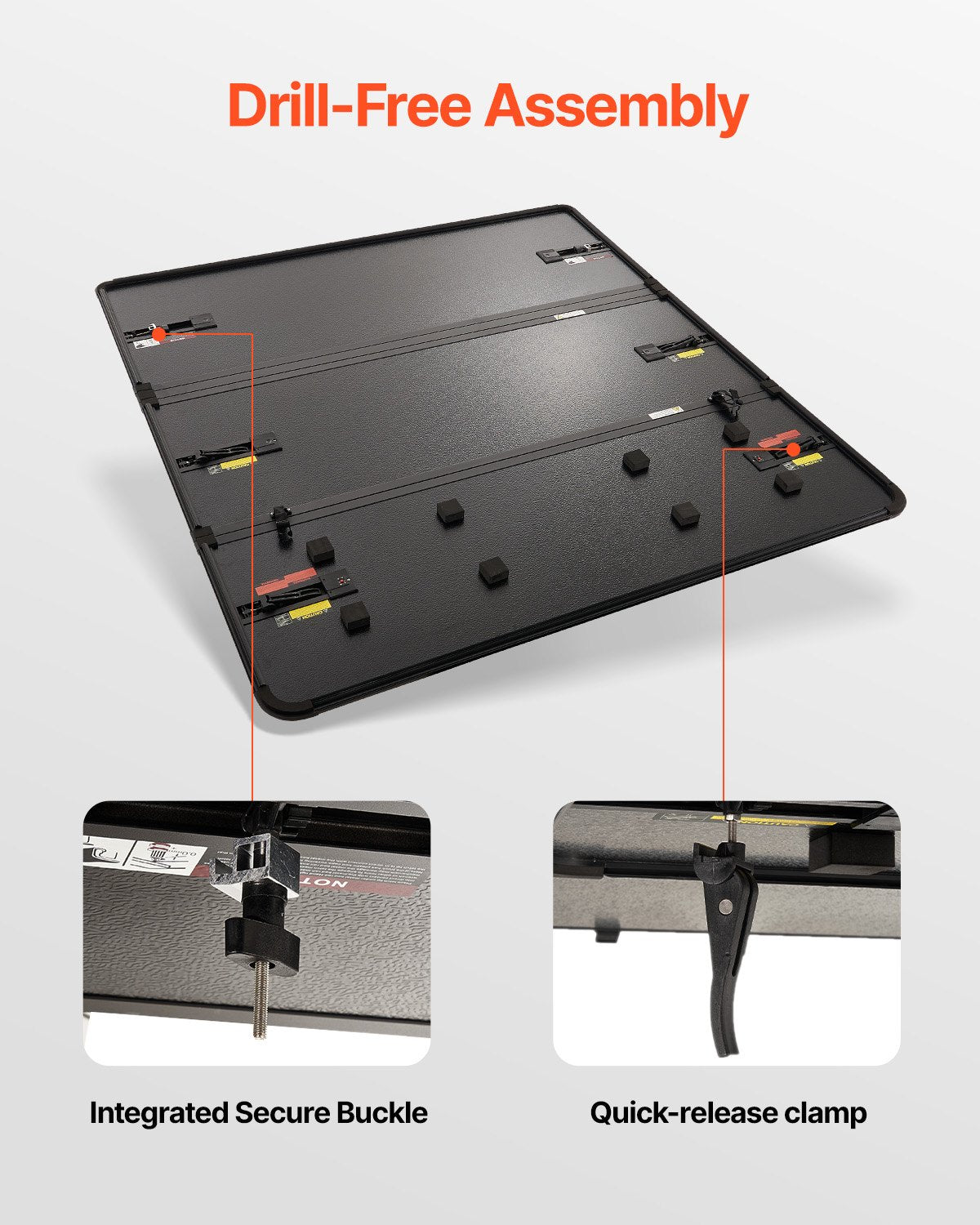 VEVOR Tri-Fold Truck Bed Tonneau Cover, Compatible with 2015-2024 Ford F-150, 2004 mm Bed, Only Fit 2004 x 1656 mm Inside Bed, 181.4 kg Load Capacity with Built-in LED Light, Quick Folding, Black