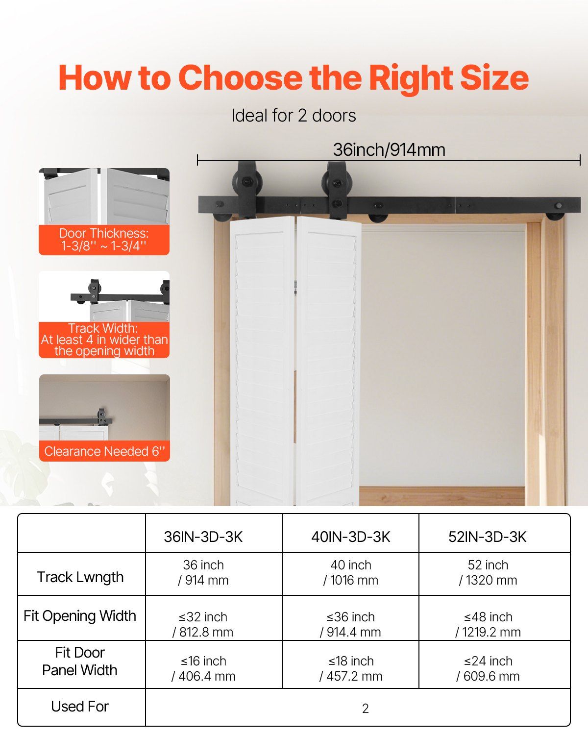 Bi-Folding Sliding Barn Door Hardware Track Kit, 36" Top Mount Track Kit, Slide Smoothly & Quietly, Heavy Duty, Easy to Install, Suitable for Two 16" Closet Pantry Laundry Doors (Not Included)